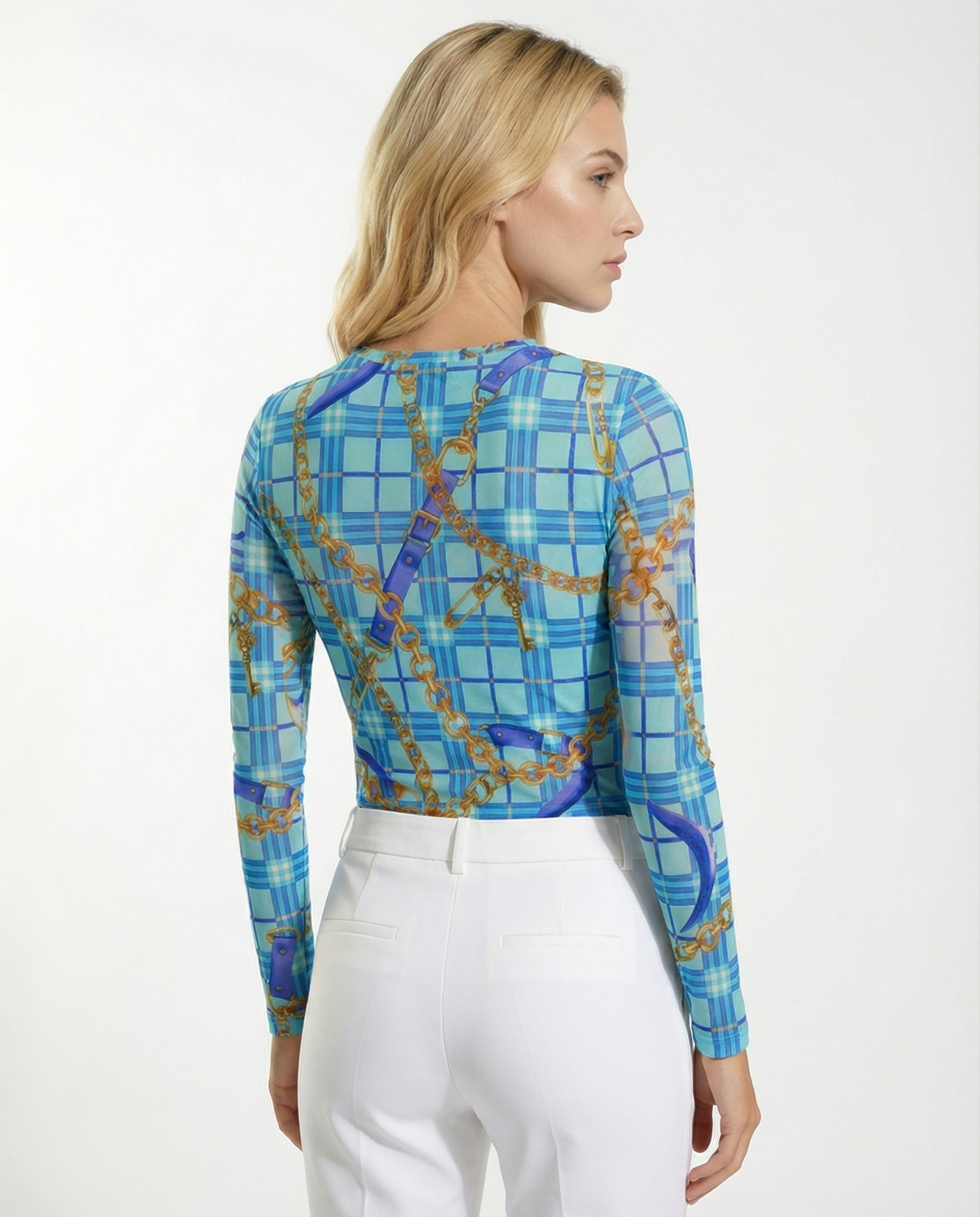Check & Chain Long Sleeve Crew Neck Top 83Z16