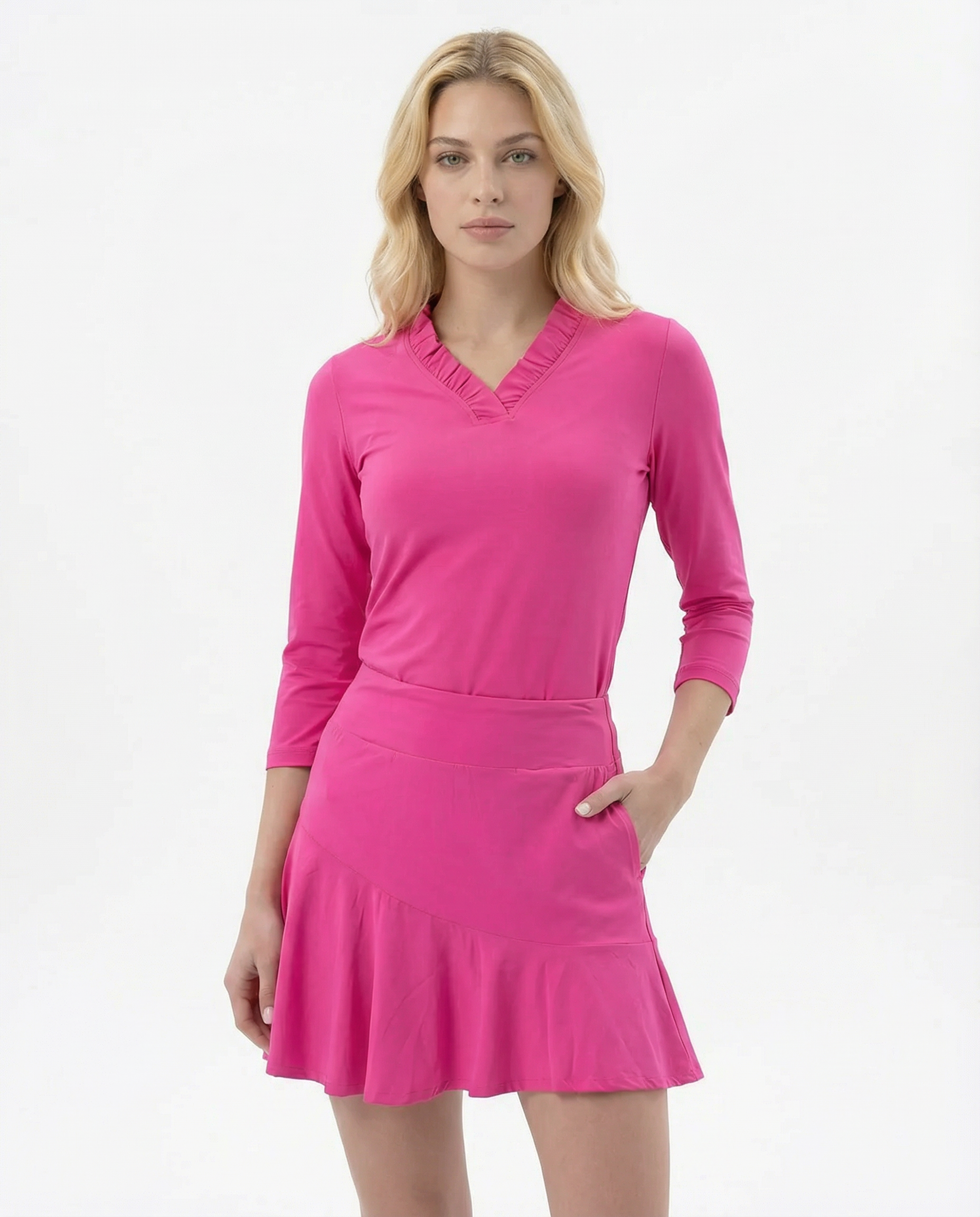 3/4 Sleeve Ruffle Portrait Neck Top W/ Swing Free Skort (set)