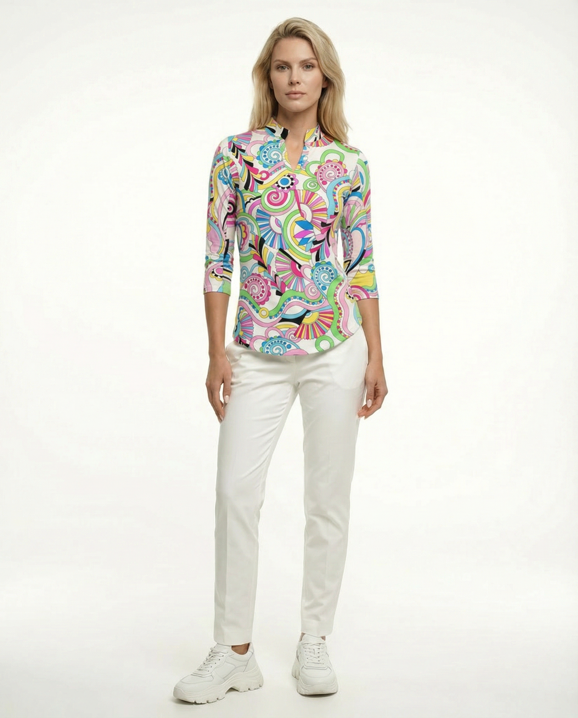 Desiree 3/4 Sleeve Ruffle Placket Mock Top 99Z53