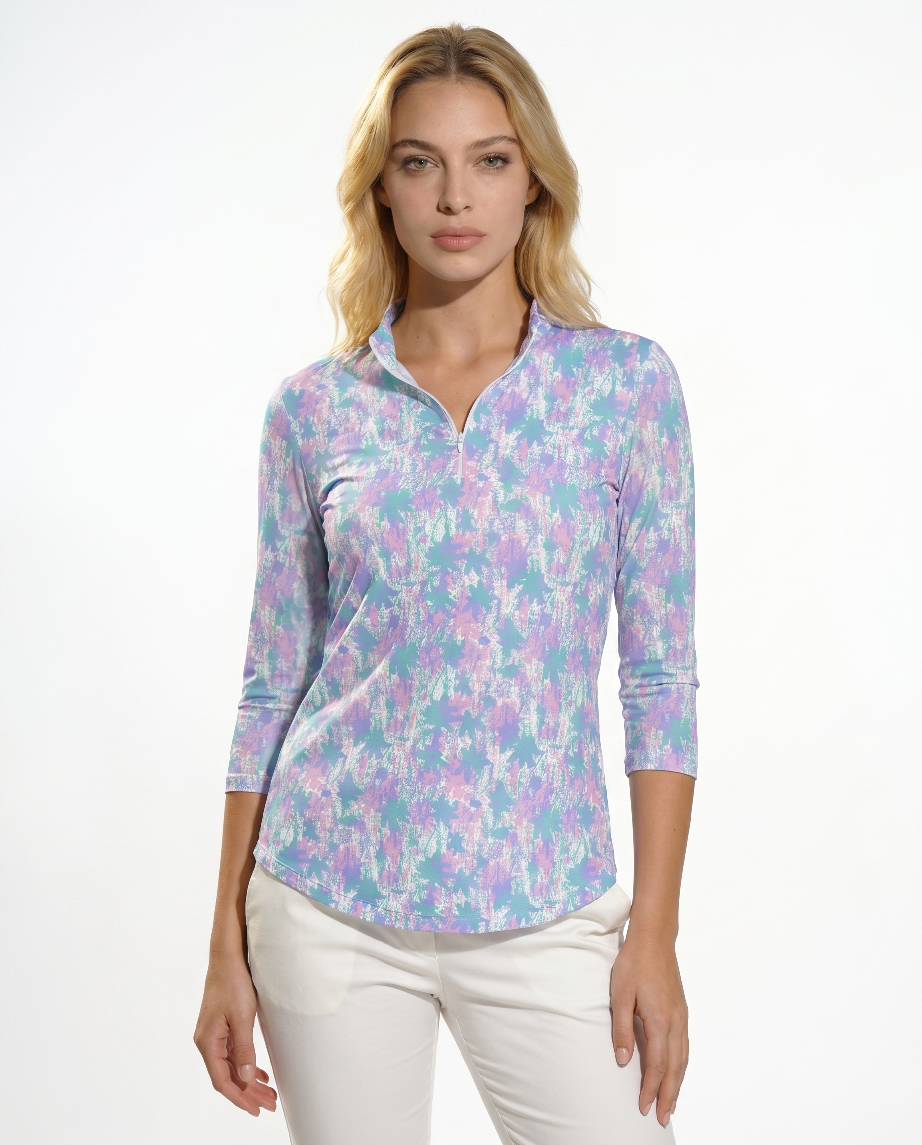 Blossom 3/4 Sleeve Zip Mock Top 68Z46