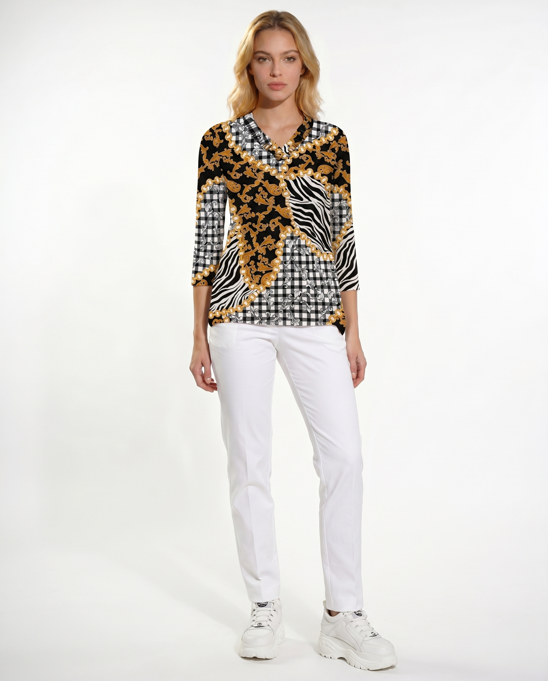 Zanzibar 3/4 Sleeve Ruffle Portrait Neck Top 76Z20