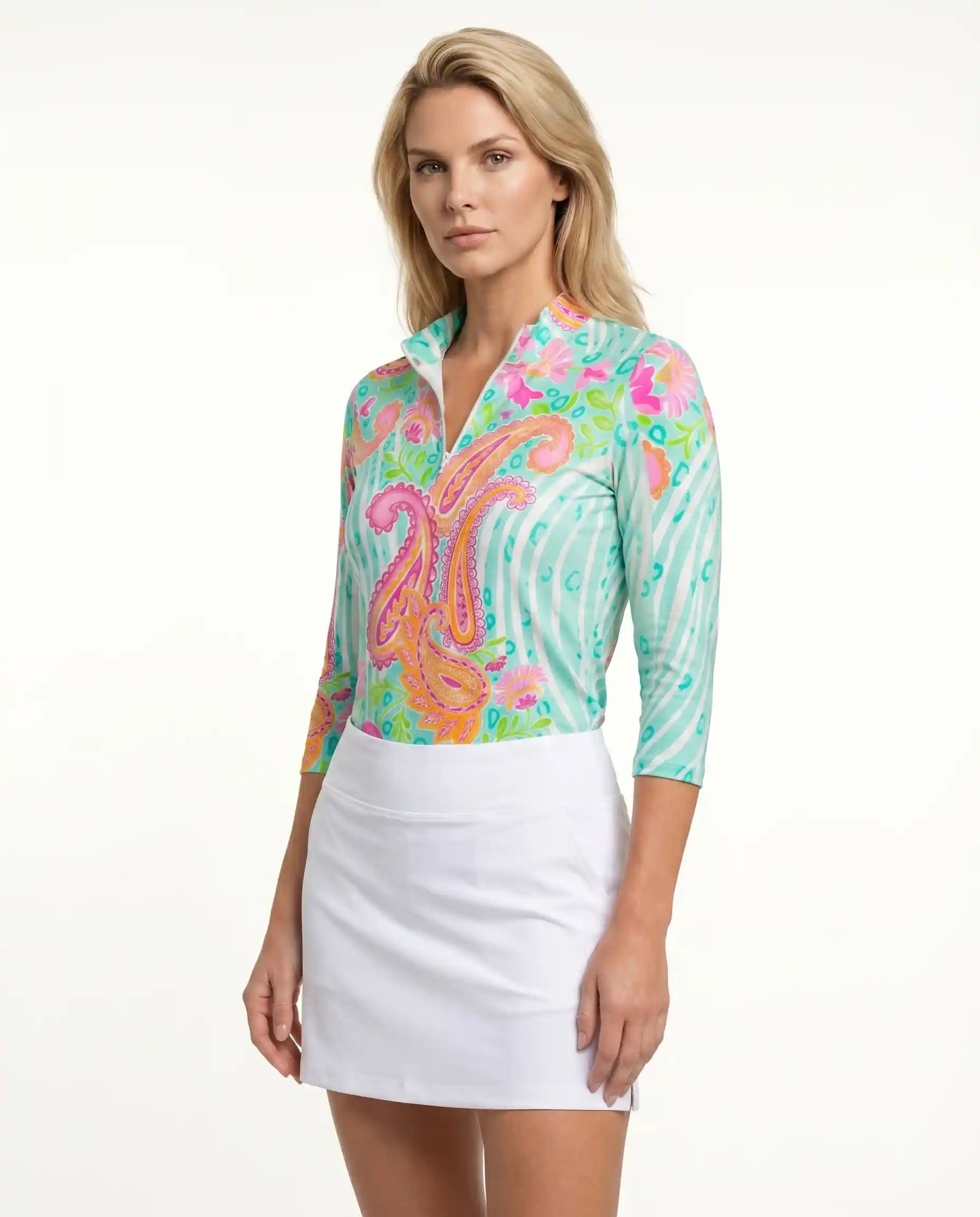 Sweet Caroline 3/4 Sleeve Zip Mock Top 68Z18