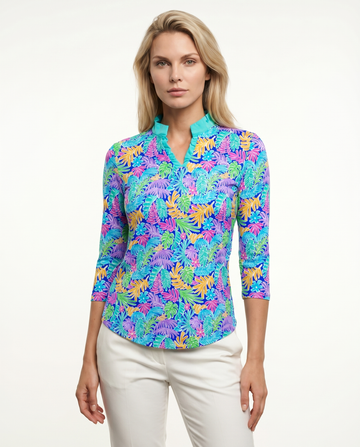 Deep Forest 3/4 Sleeve Ruffle Placket Mock Top T99Z44