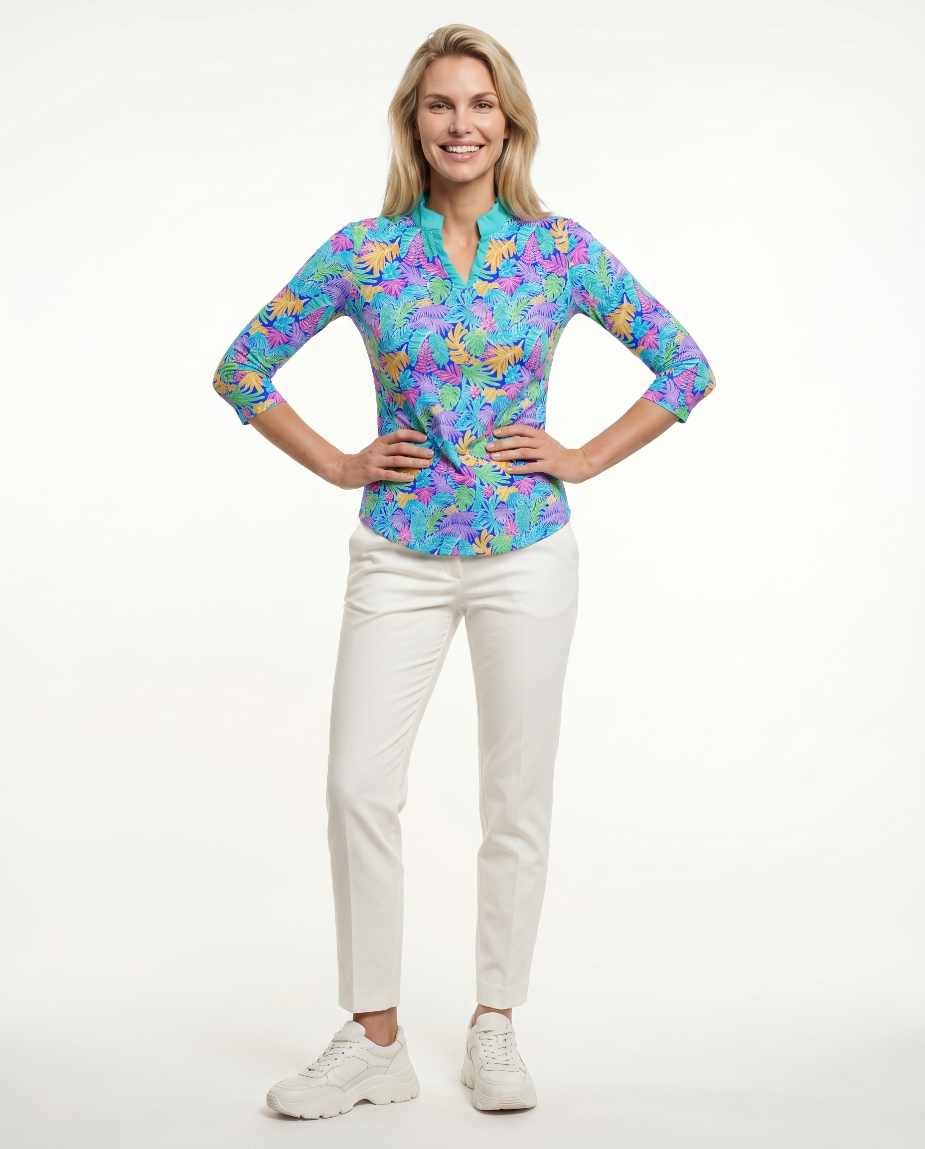 Deep Forest 3/4 Sleeve Ruffle Placket Mock Top T99Z44
