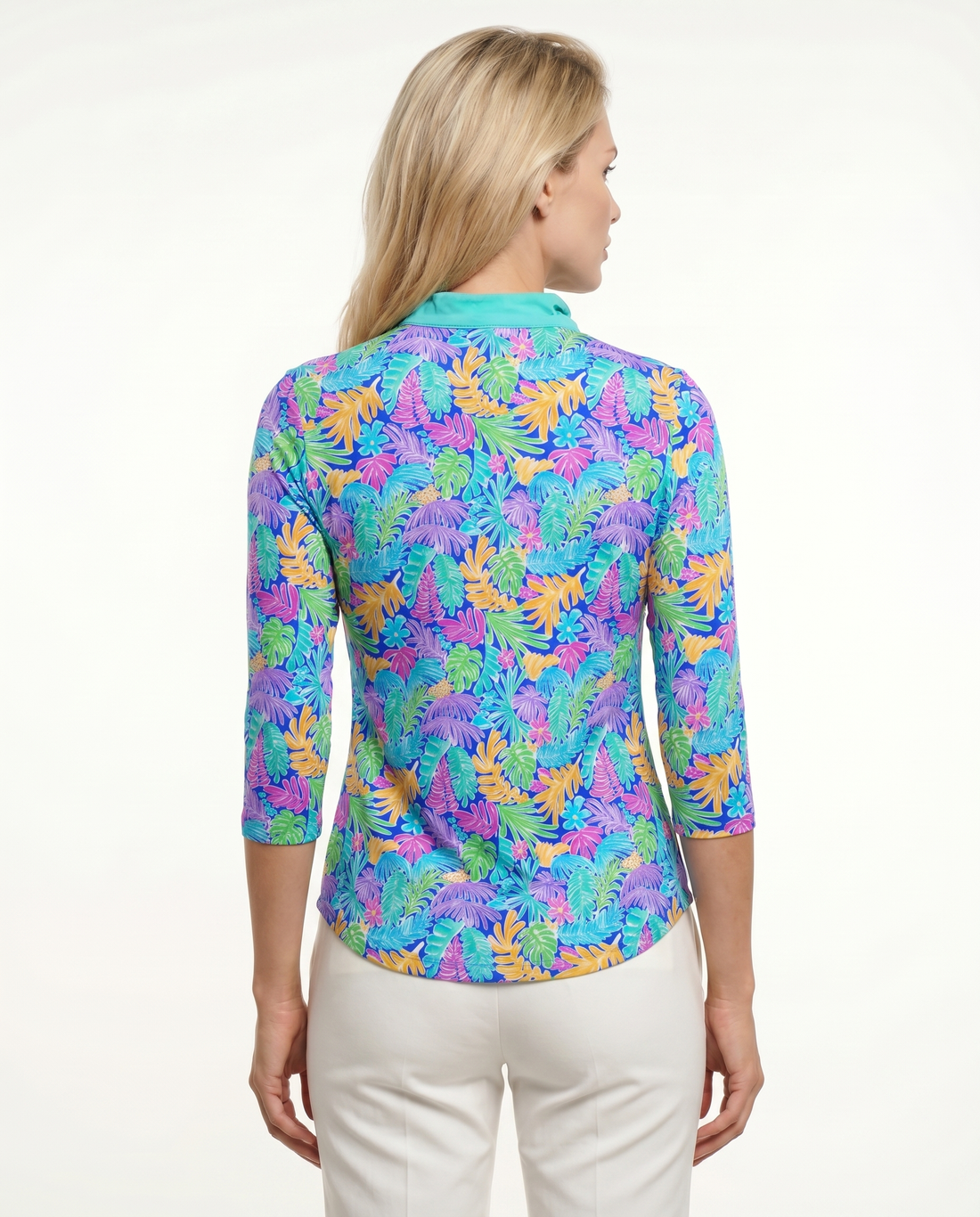 Deep Forest 3/4 Sleeve Ruffle Placket Mock Top T99Z44