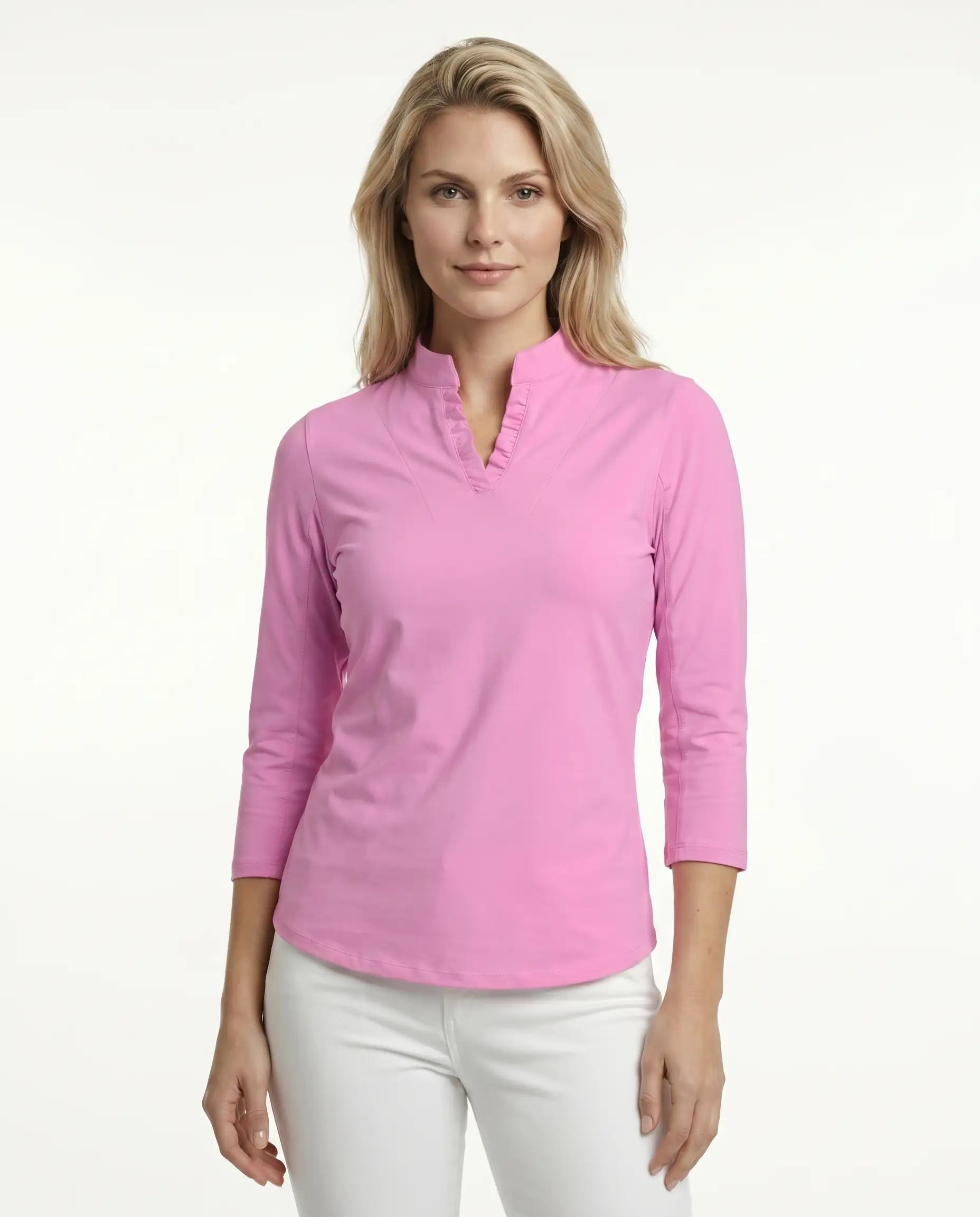 Solid 3/4 Sleeve Ruffle Placket Mock Top 9900