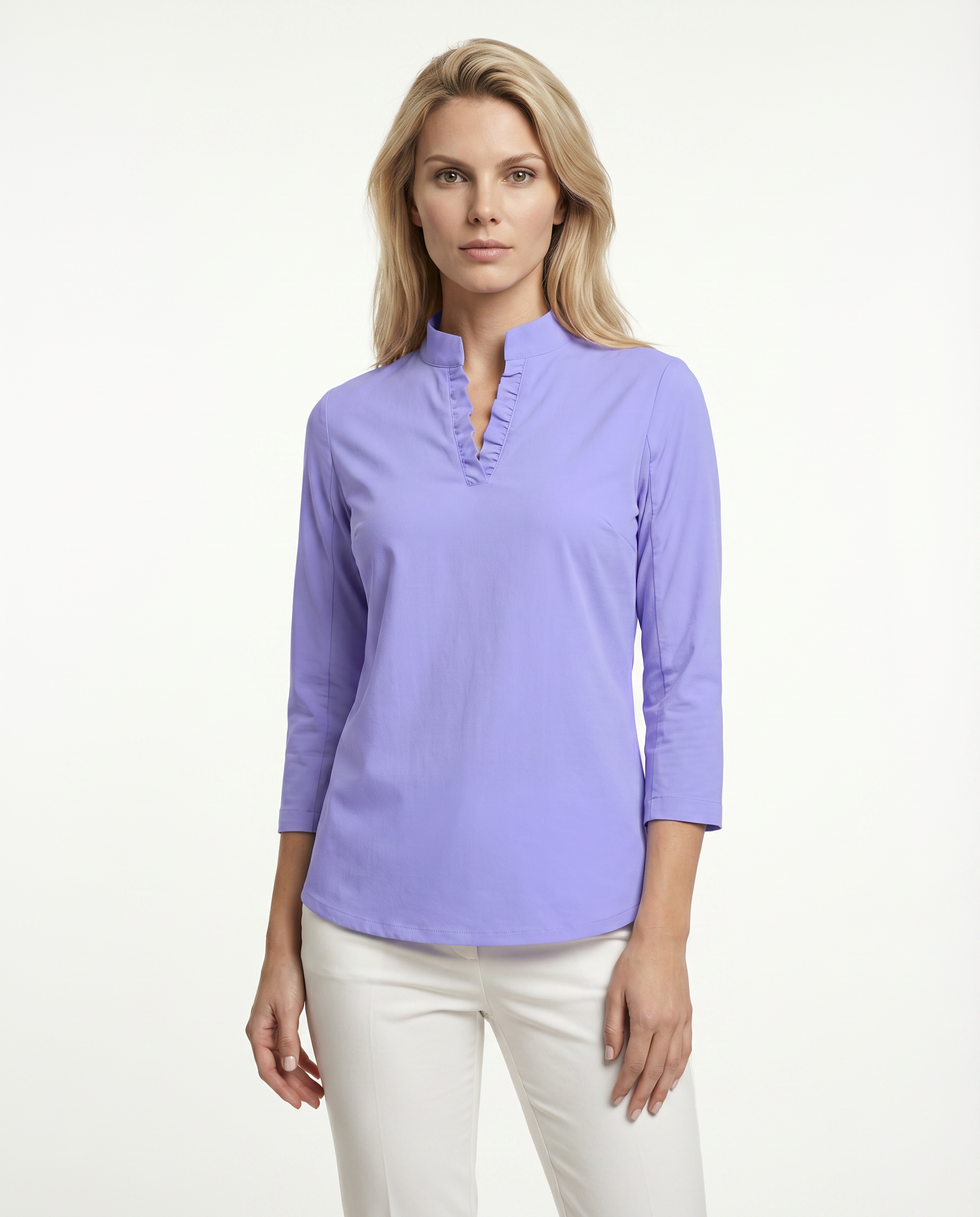 Solid 3/4 Sleeve Ruffle Placket Mock Top 9900