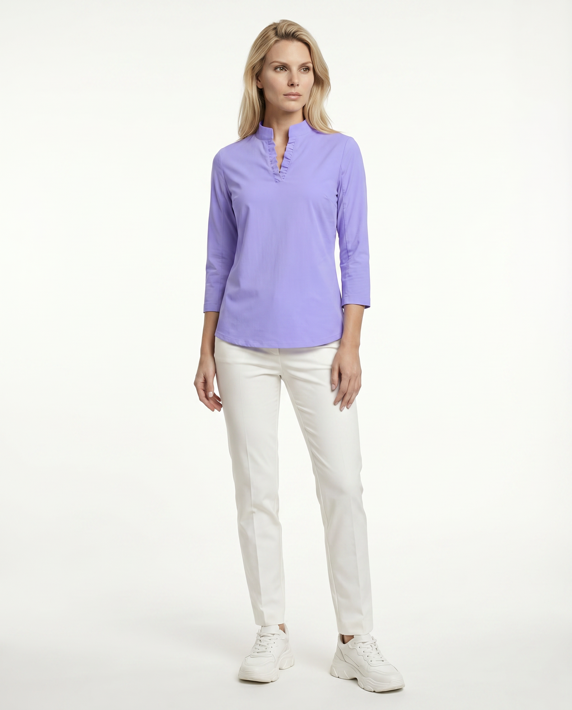 Solid 3/4 Sleeve Ruffle Placket Mock Top 9900