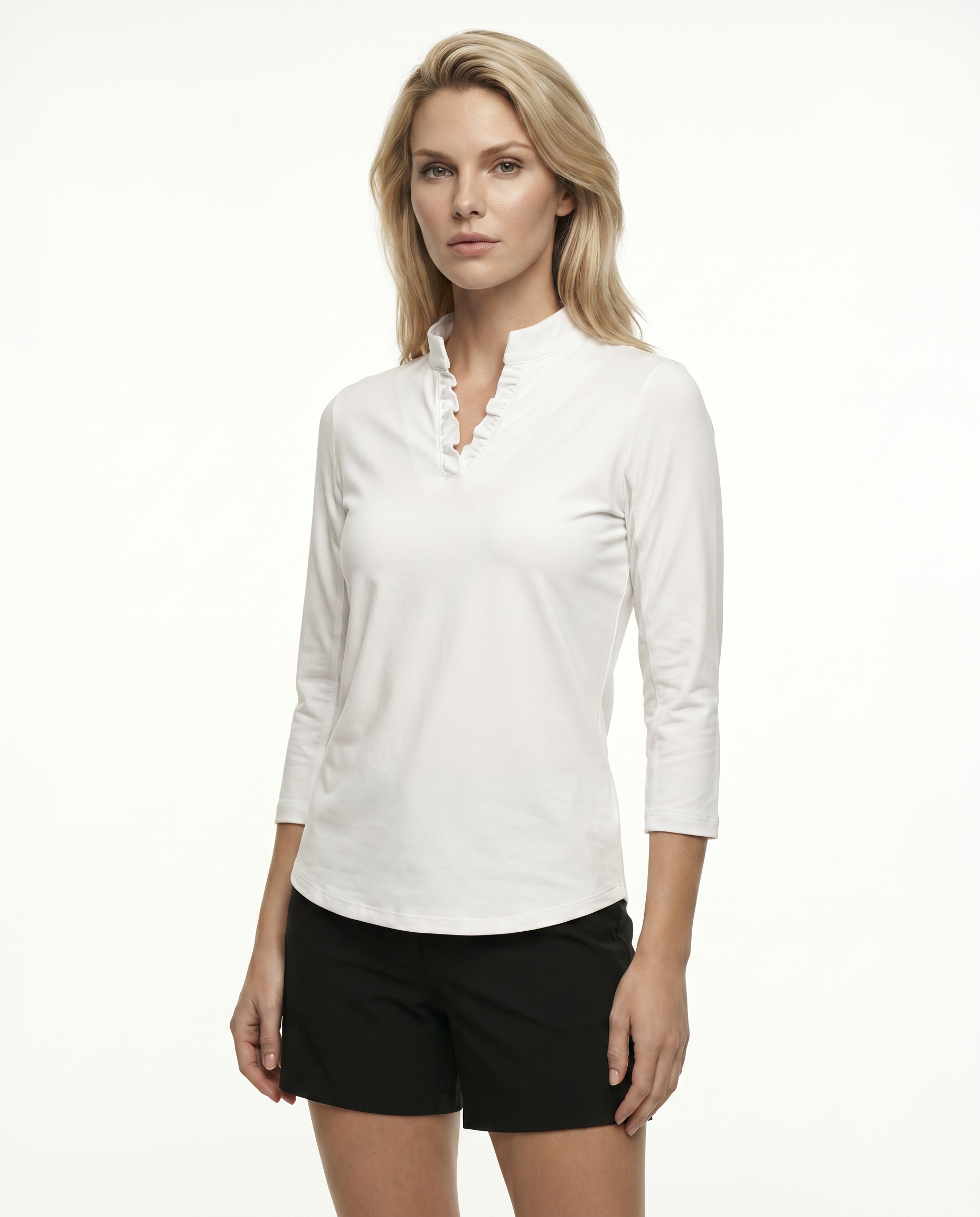 Solid 3/4 Sleeve Ruffle Placket Mock Top 9900