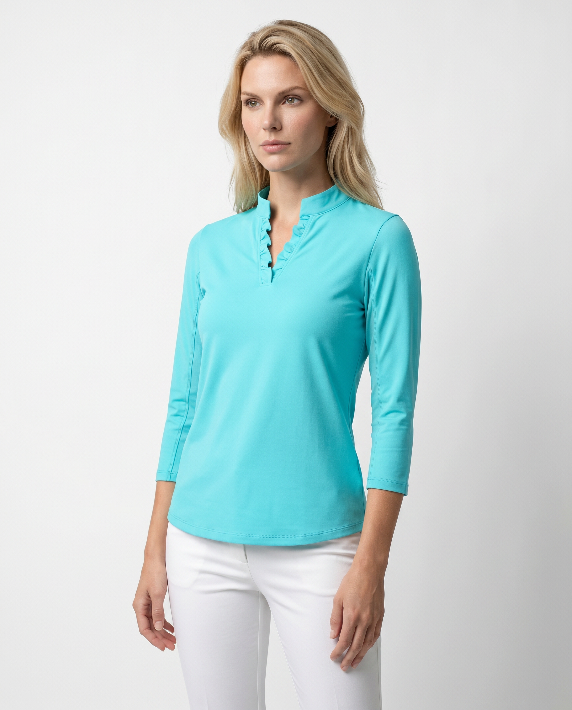 Solid 3/4 Sleeve Ruffle Placket Mock Top 9900