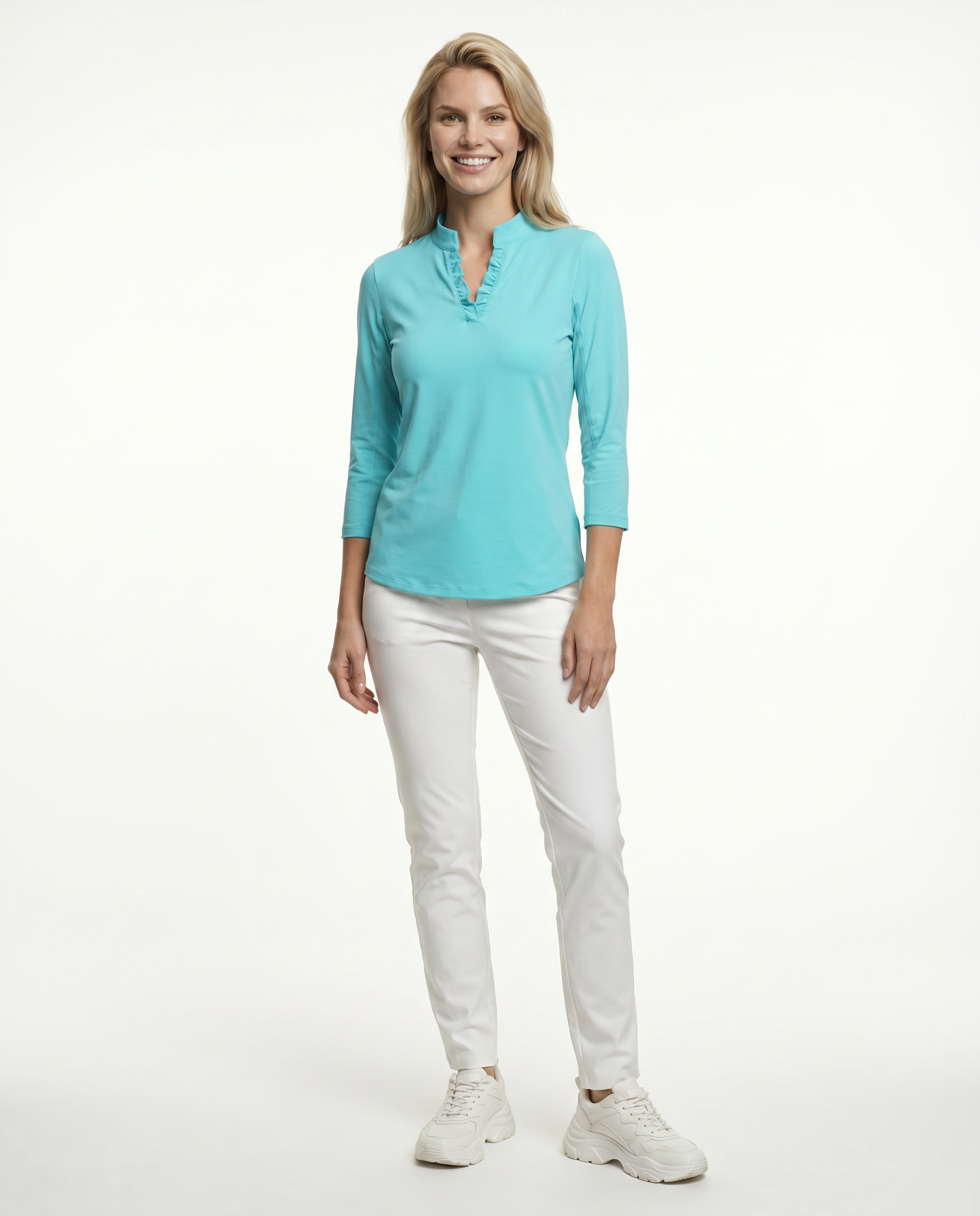 Solid 3/4 Sleeve Ruffle Placket Mock Top 9900