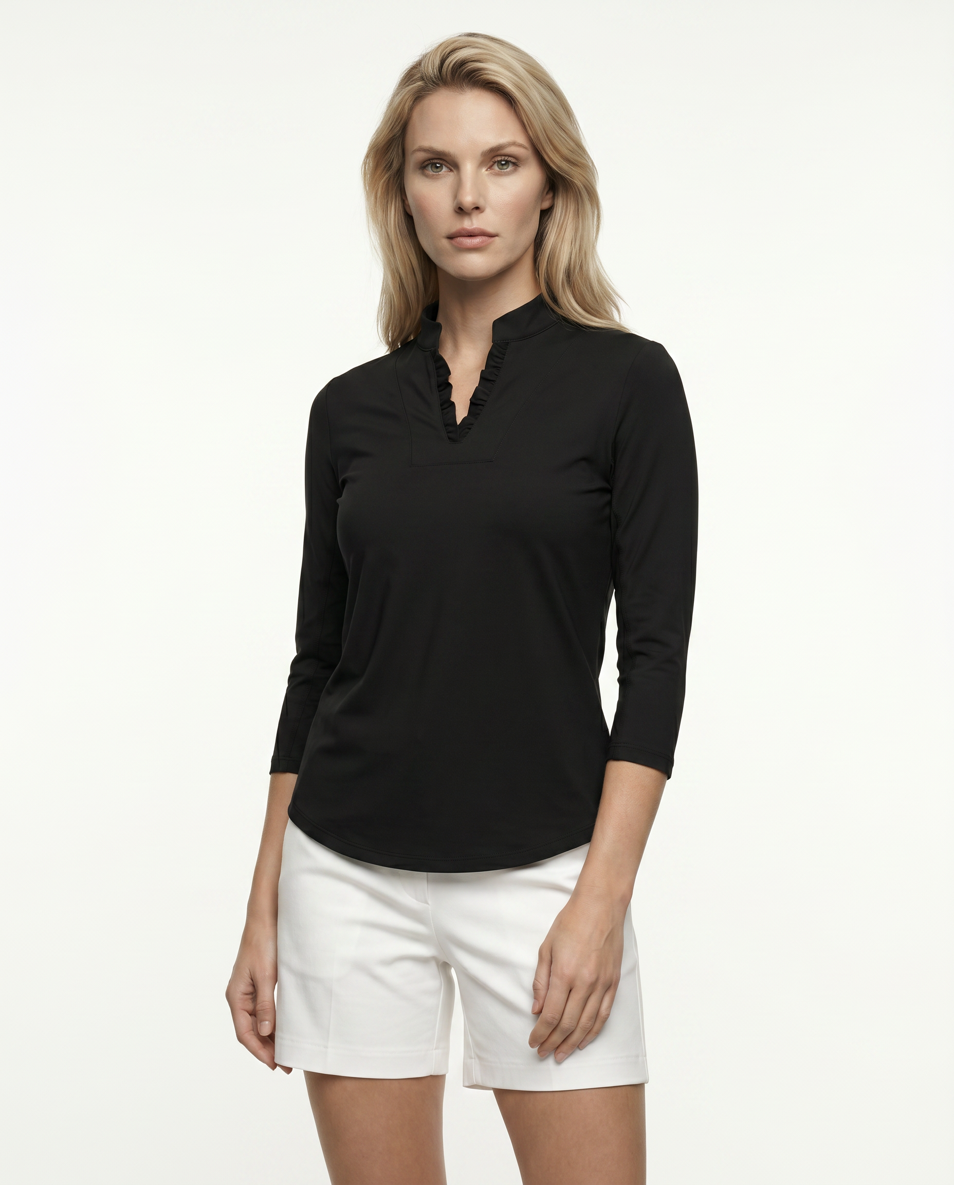 Solid 3/4 Sleeve Ruffle Placket Mock Top 9900