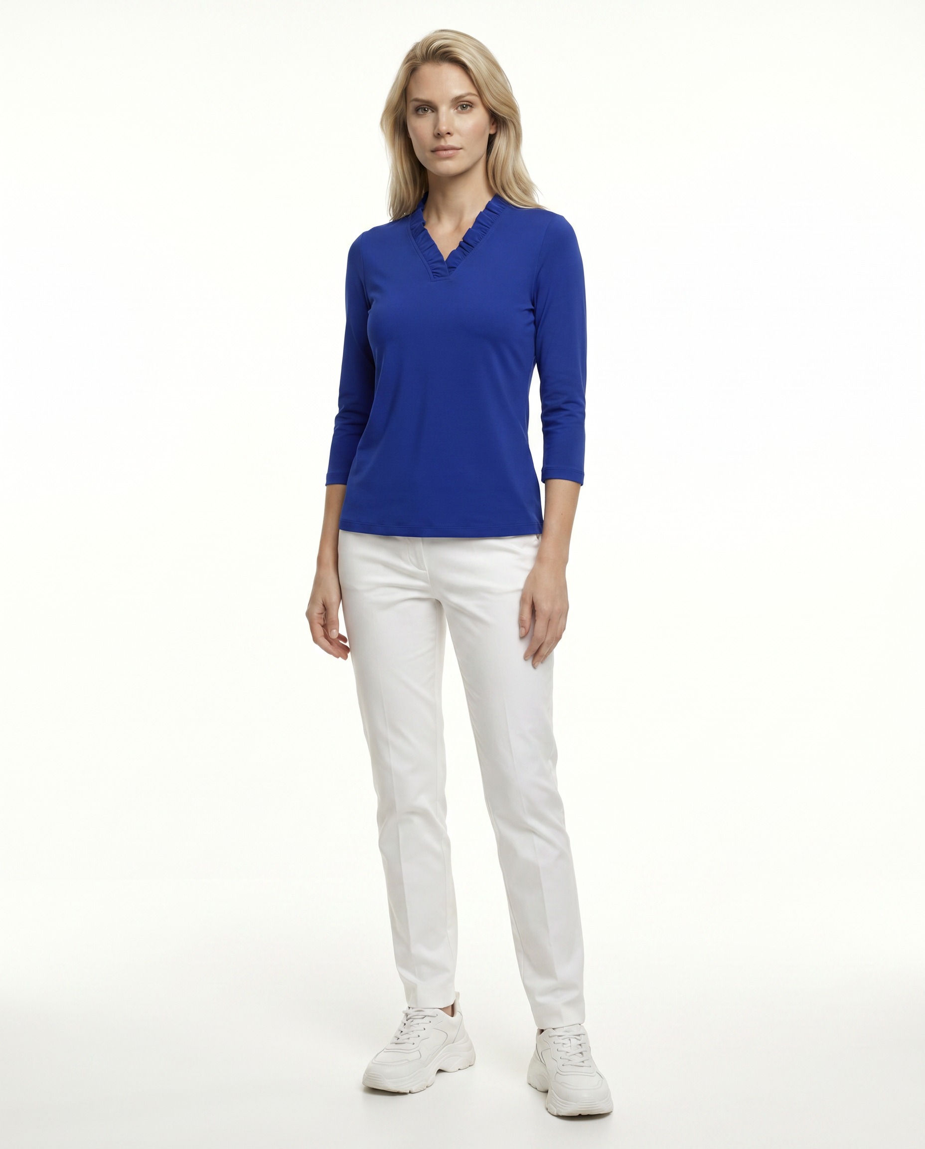Solid 3/4 Sleeve Ruffle Portrait Neck Top 7600