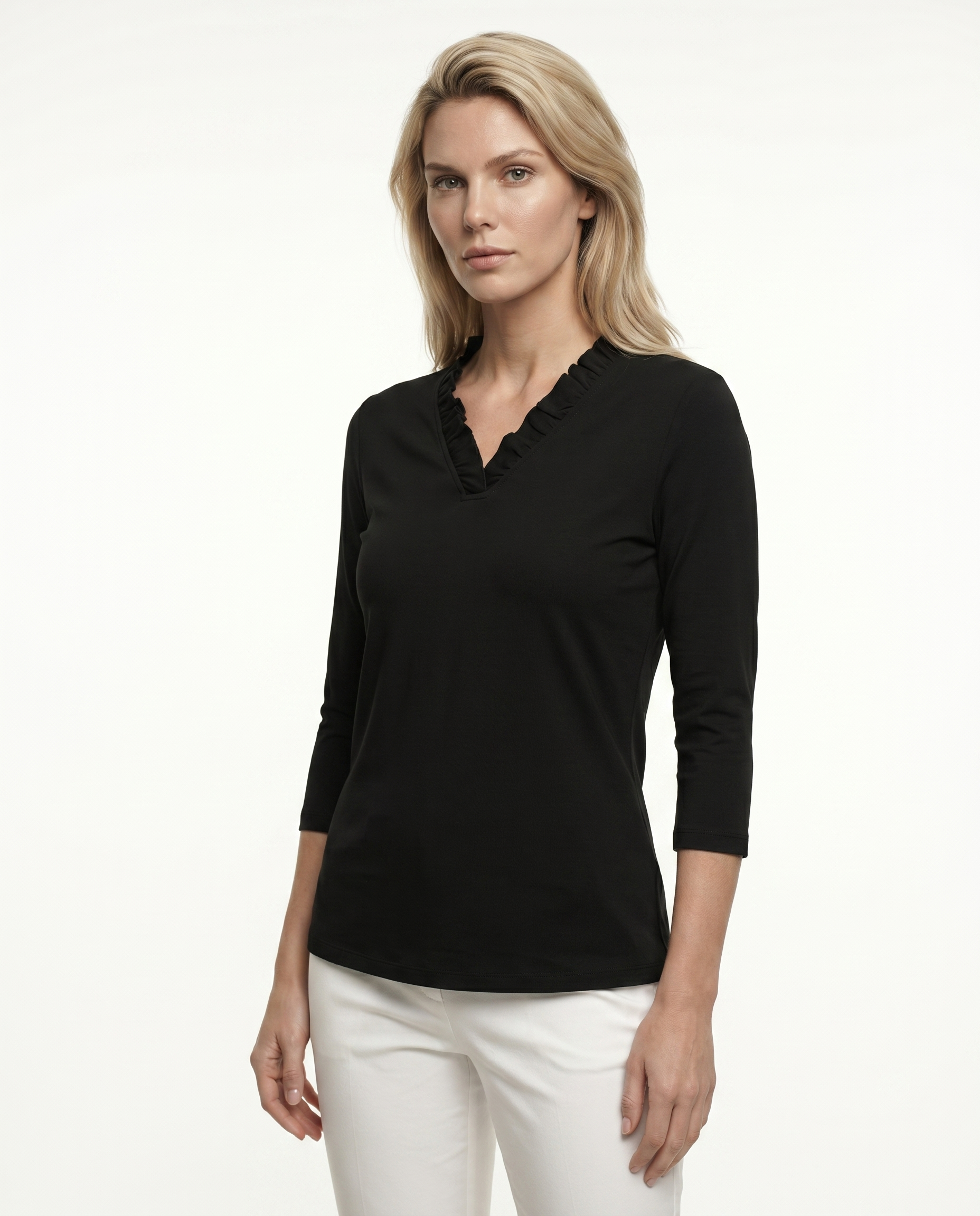 Solid 3/4 Sleeve Ruffle Portrait Neck Top 7600