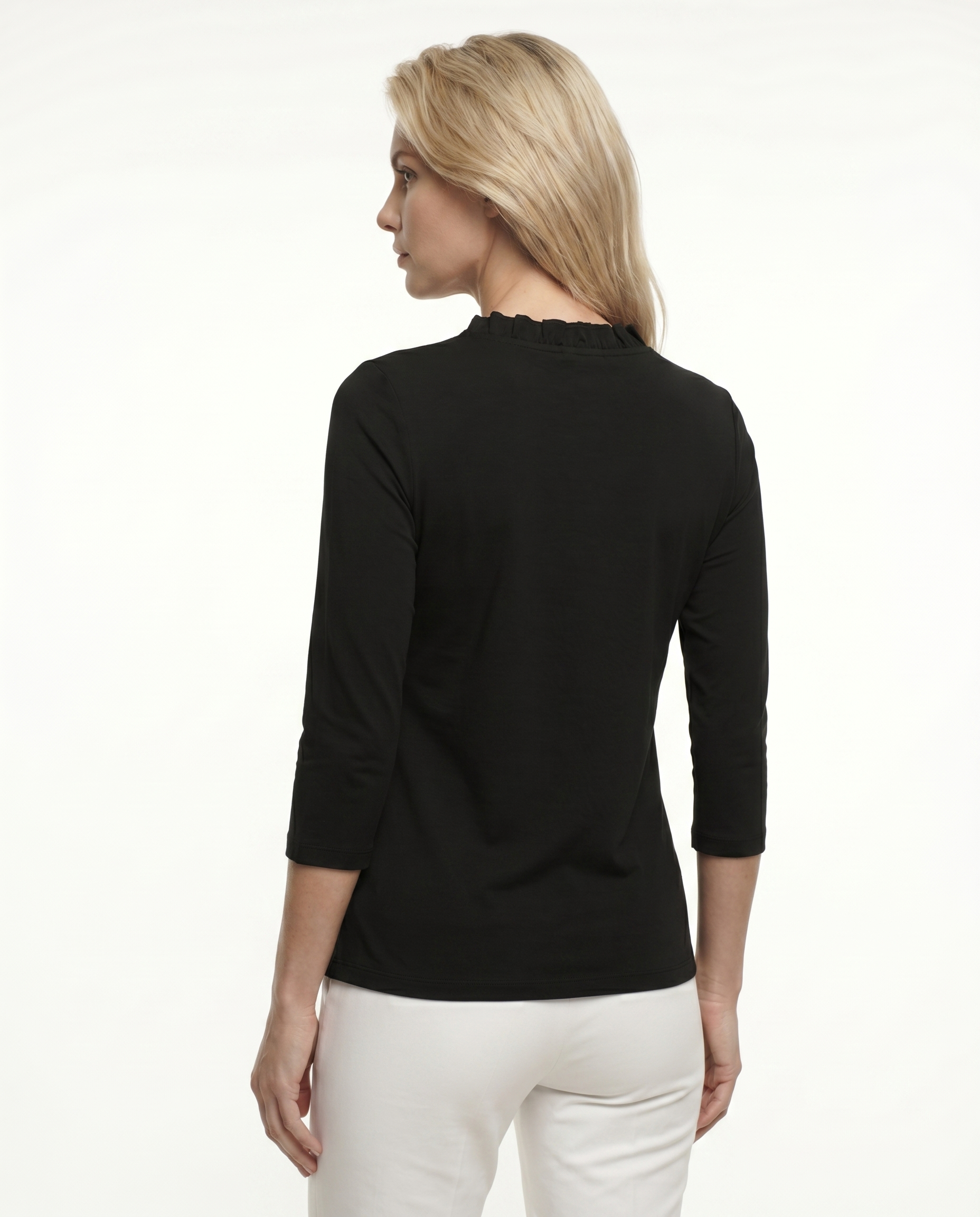 Solid 3/4 Sleeve Ruffle Portrait Neck Top 7600
