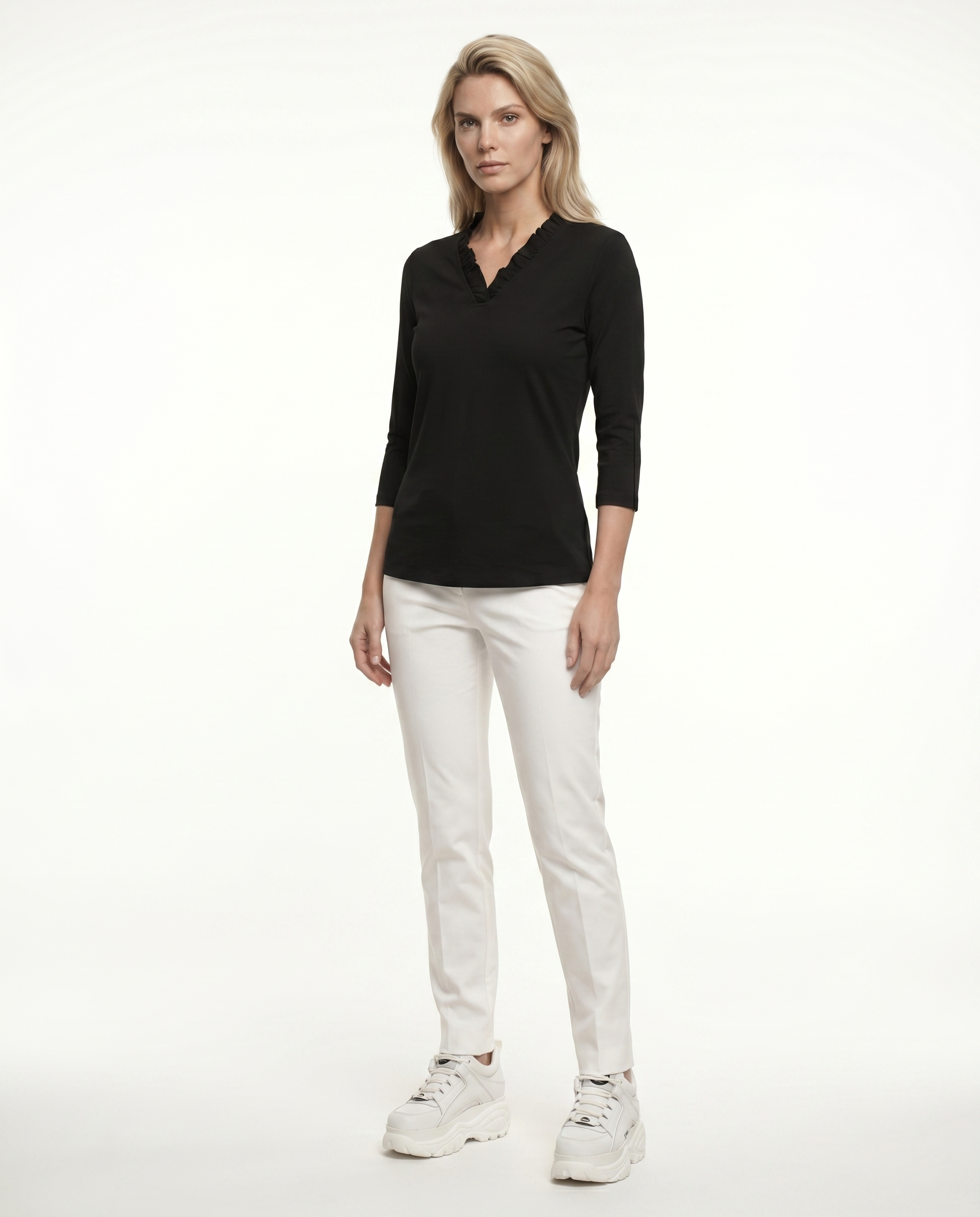 Solid 3/4 Sleeve Ruffle Portrait Neck Top 7600