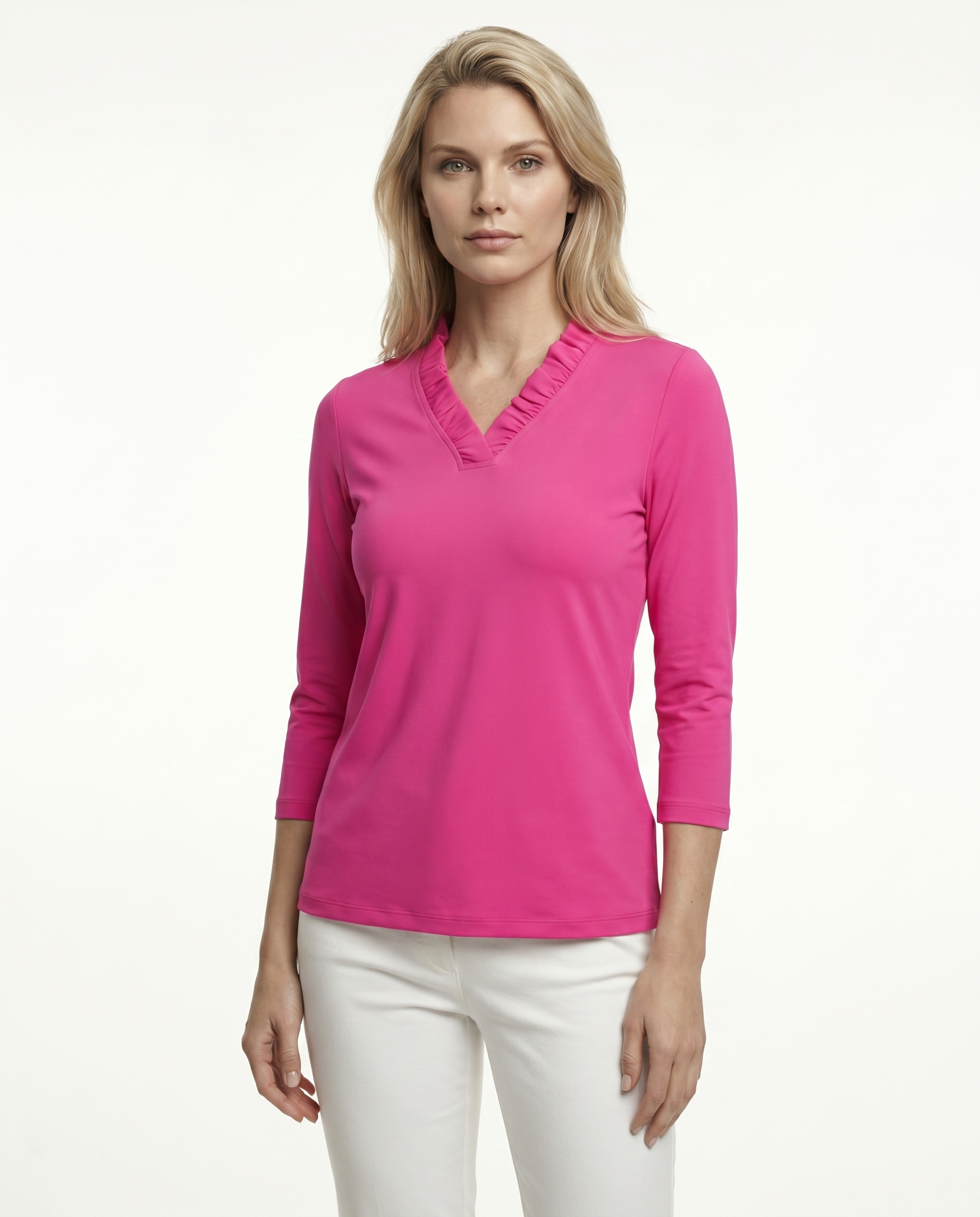 Solid 3/4 Sleeve Ruffle Portrait Neck Top 7600