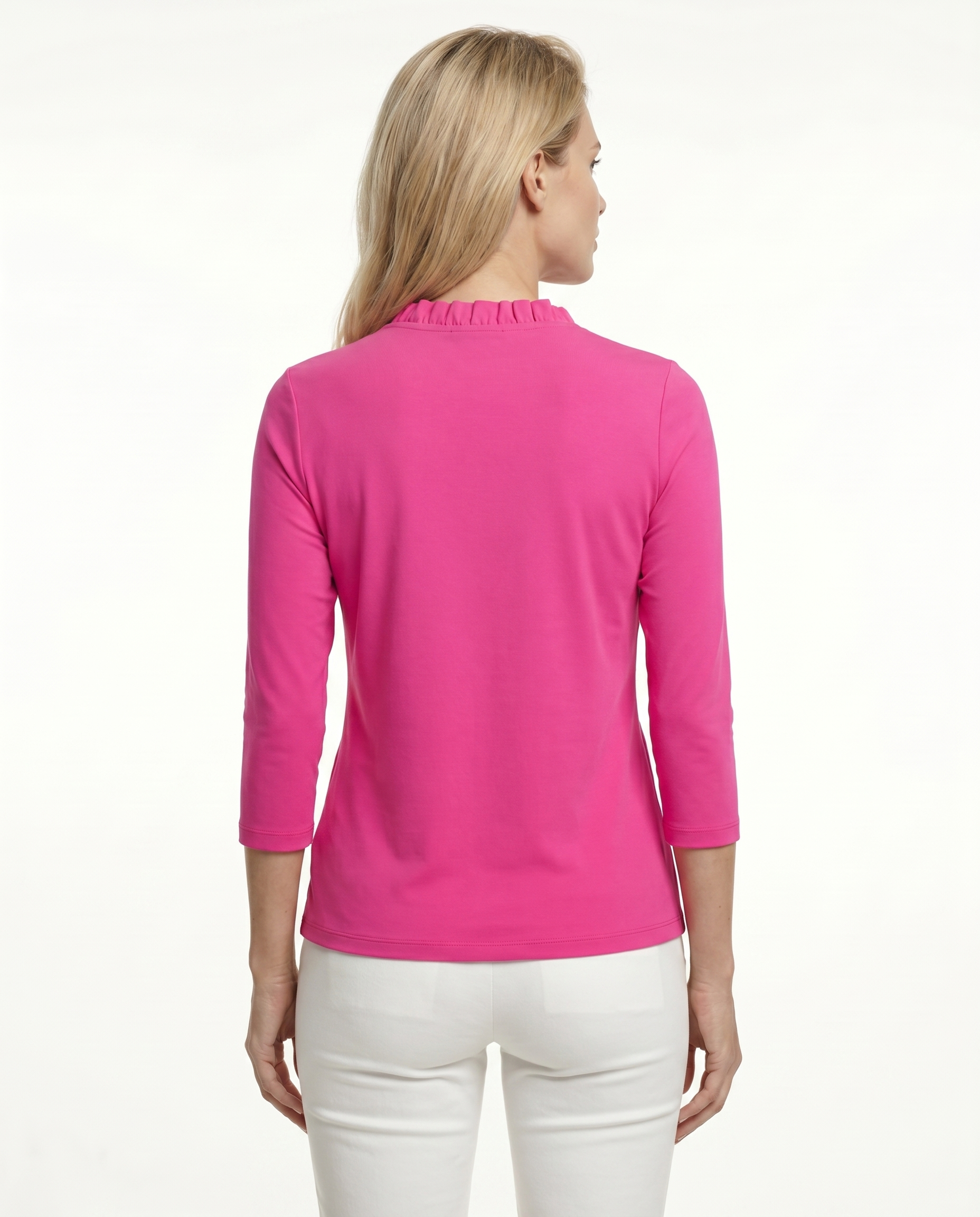 Solid 3/4 Sleeve Ruffle Portrait Neck Top 7600