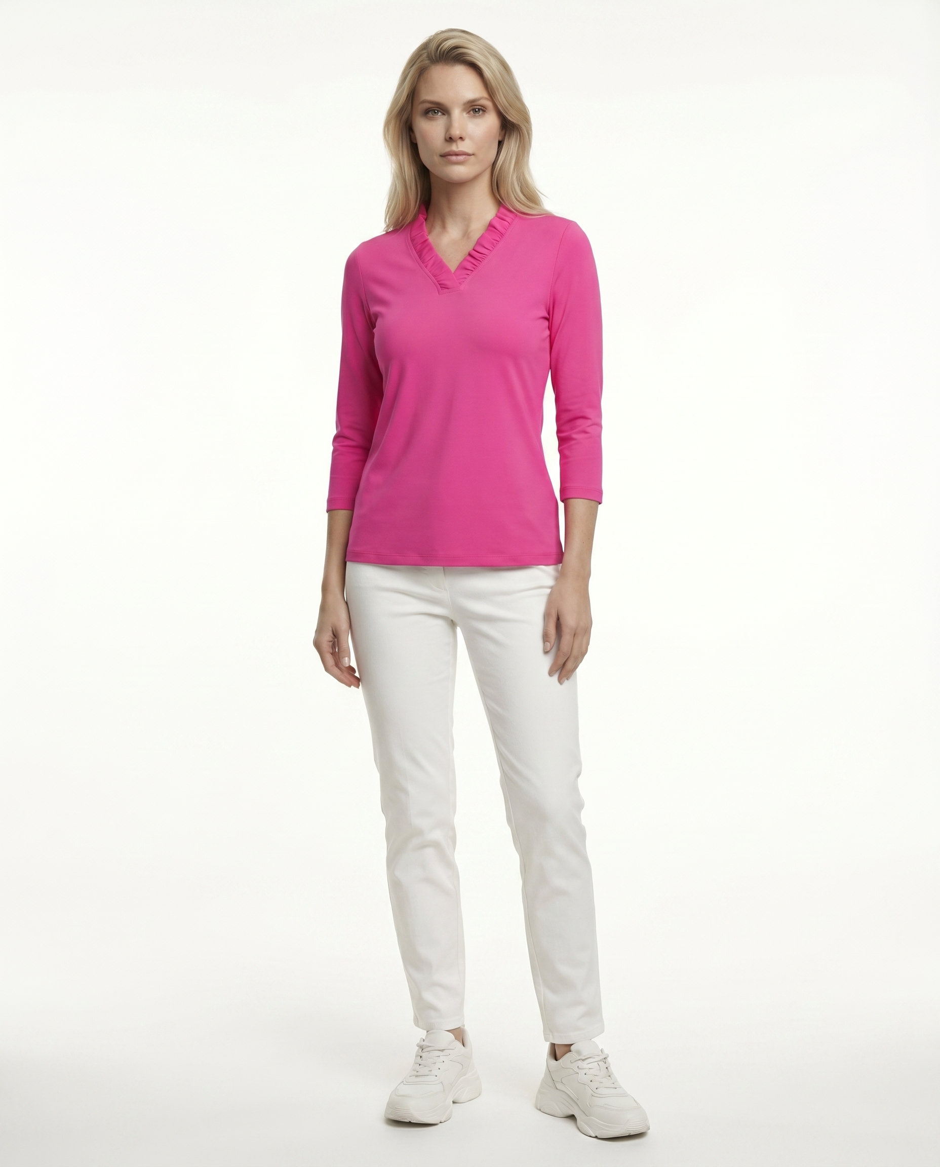 Solid 3/4 Sleeve Ruffle Portrait Neck Top 7600