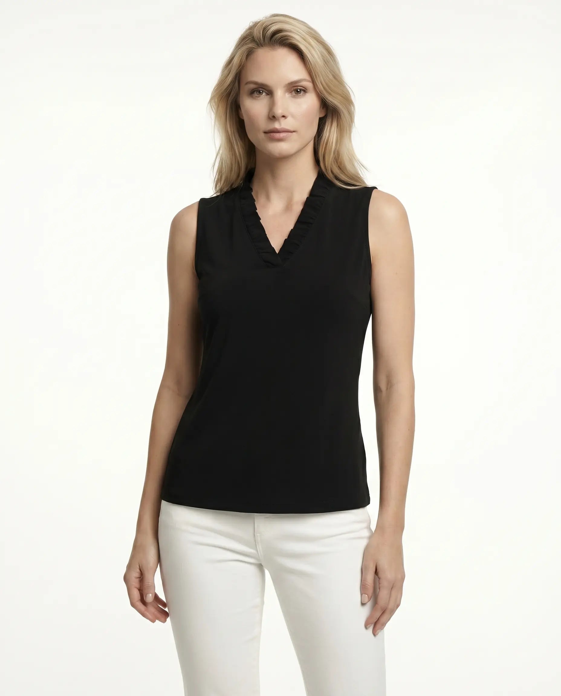 Solid Sleeveless Ruffle Portrait Neck Top 8000