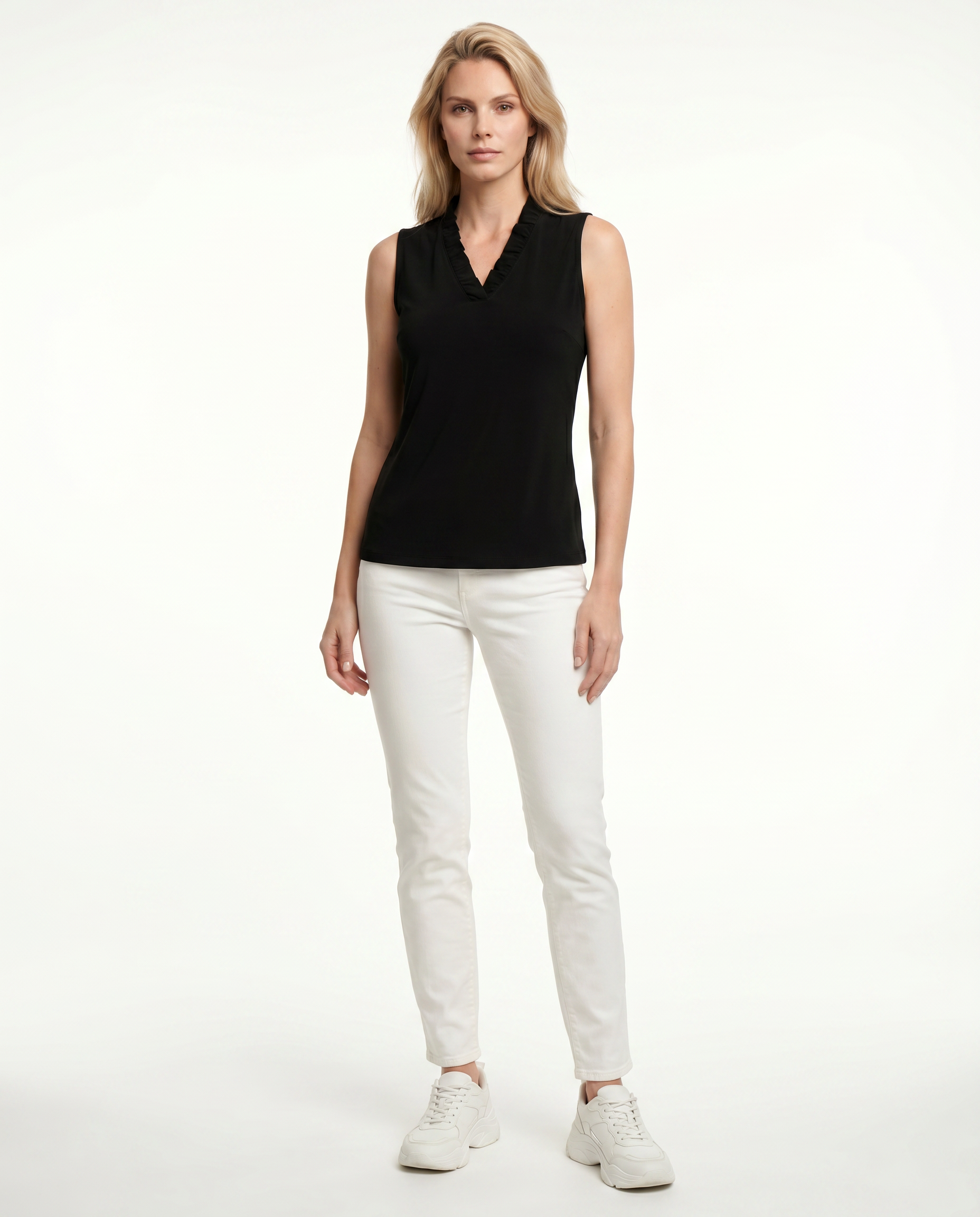 Solid Sleeveless Ruffle Portrait Neck Top 8000
