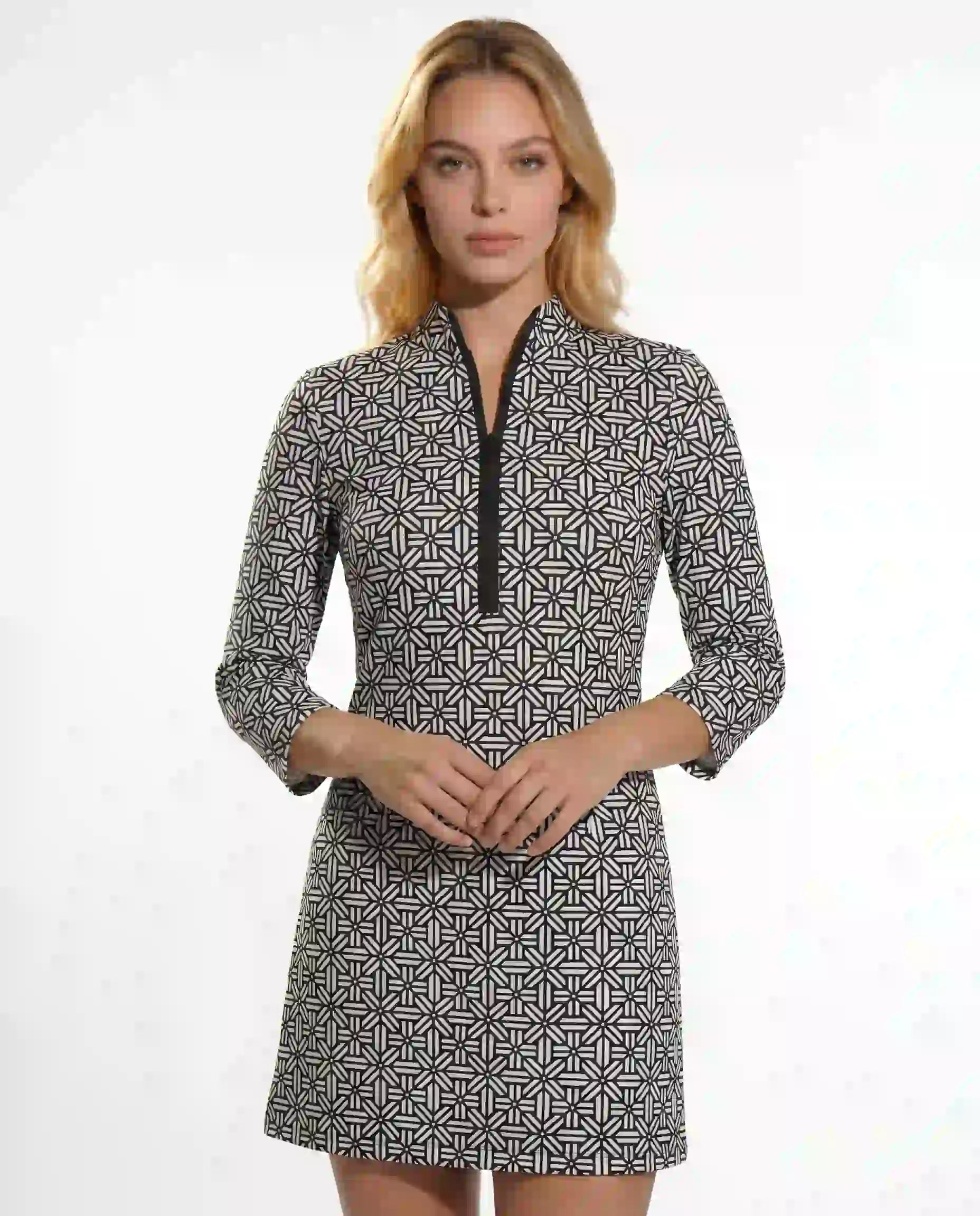 Stampedo 3/4 Slit Sleeves Piping Portrait NeckLine & Mock Zip Dress F50Z50