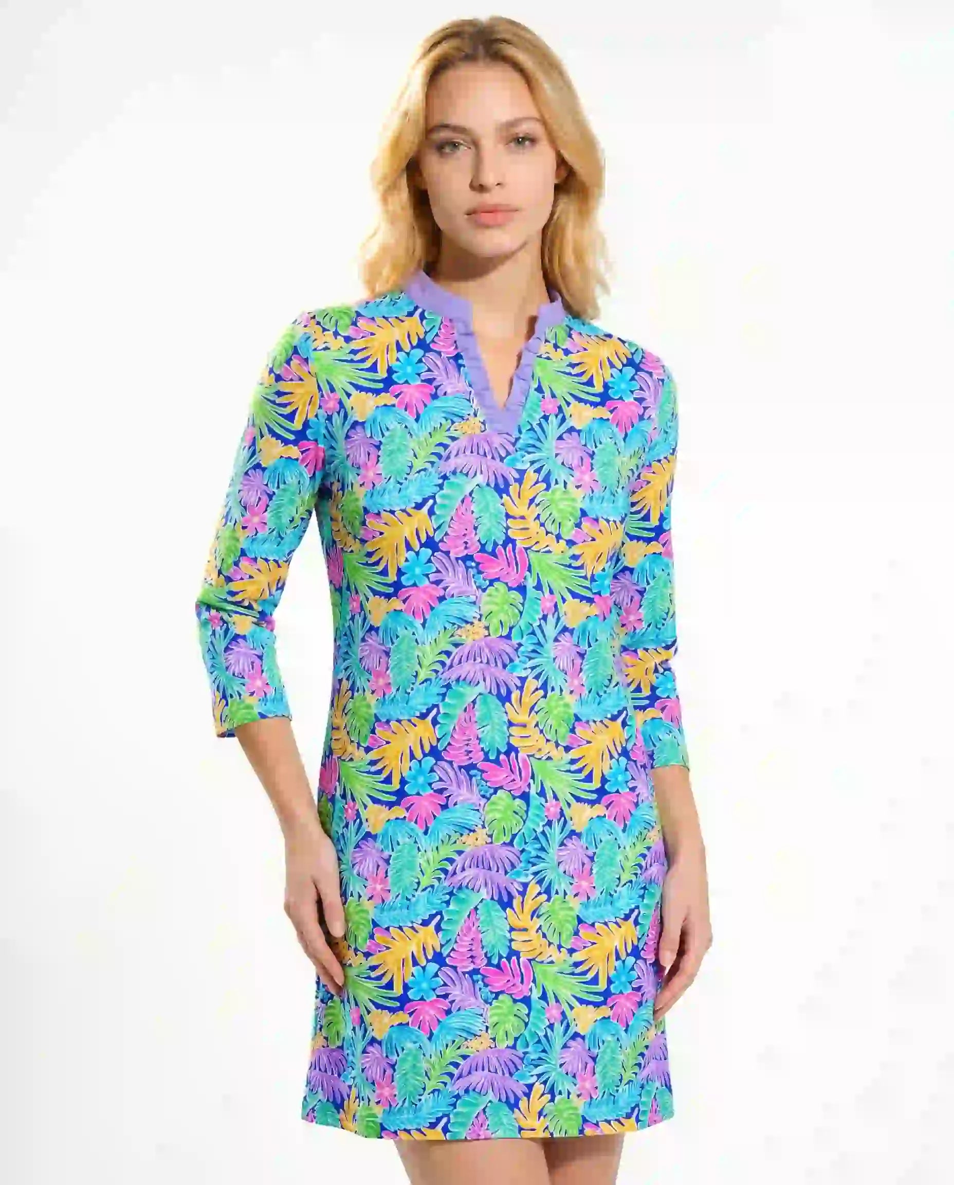 Deep Forest 3/4 Sleeve Ruffle Placket Mock Neck Dress