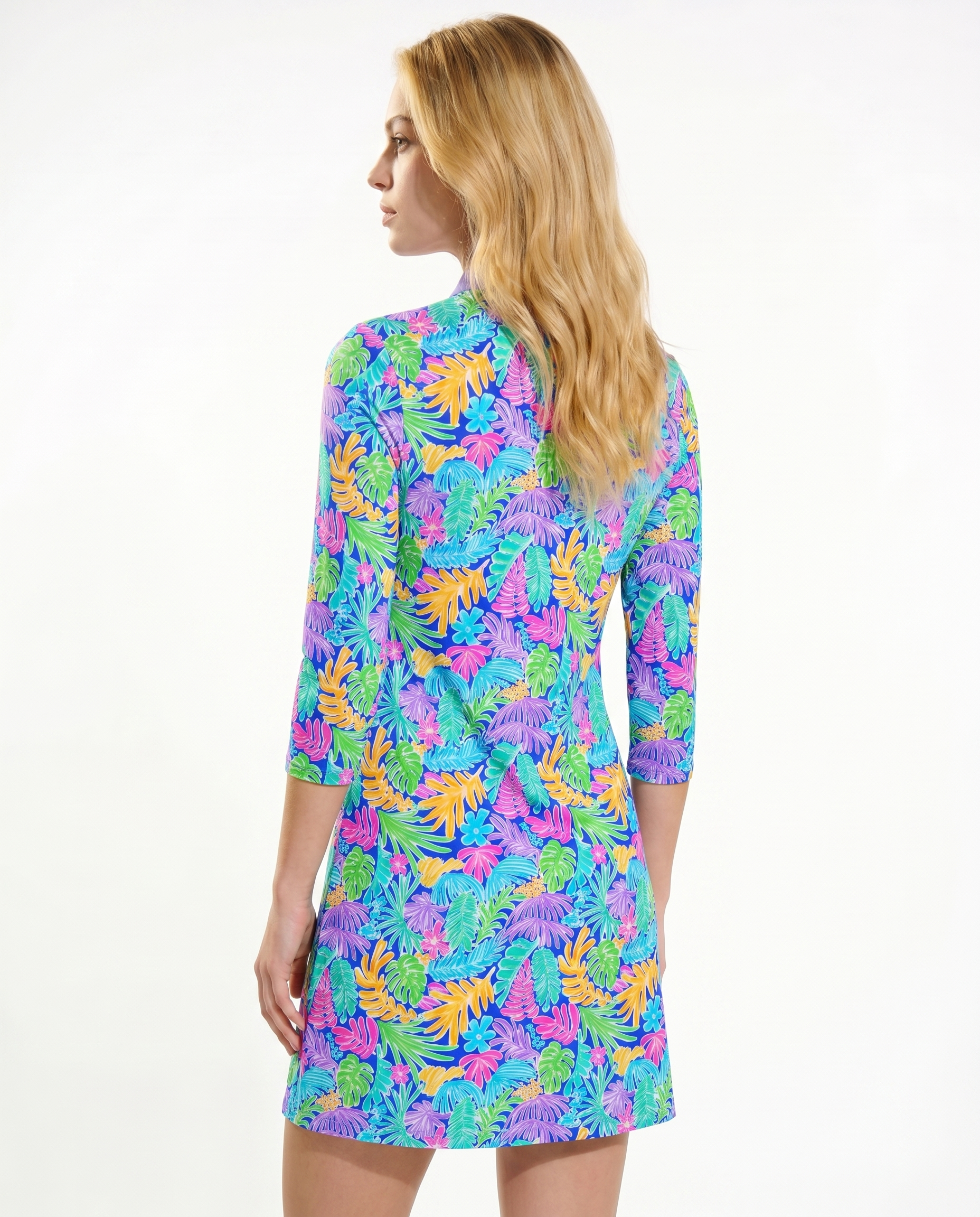 Deep Forest 3/4 Sleeve Ruffle Placket Mock Neck Dress