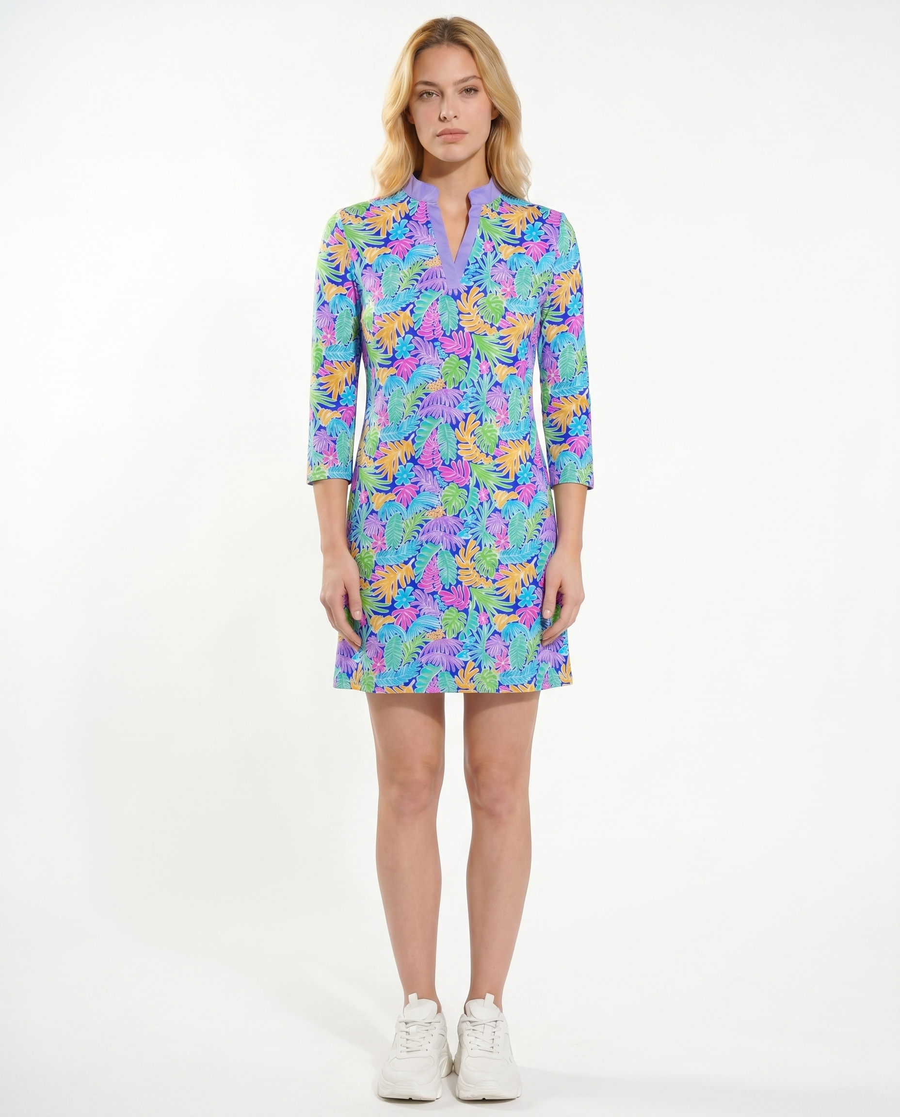 Deep Forest 3/4 Sleeve Ruffle Placket Mock Neck Dress
