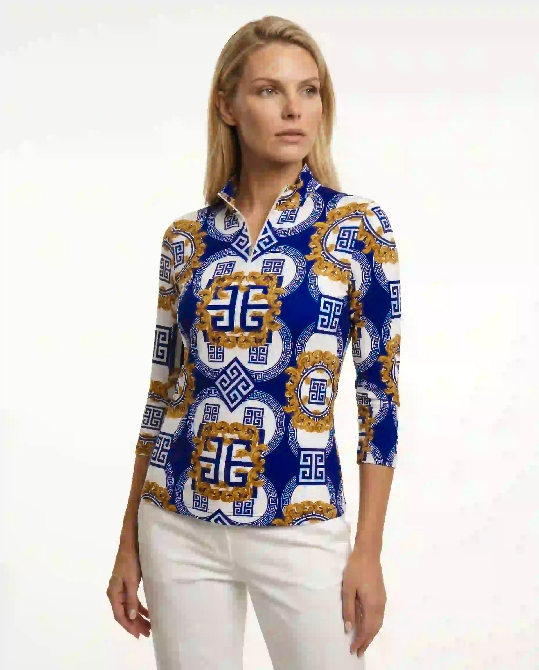 Mozzafiato 3/4 Sleeve Zip Mock Top 68Z29