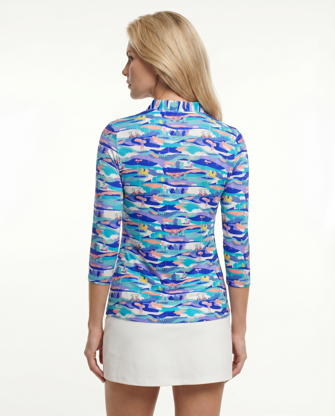Winning Stroke 3/4 Sleeve Ruffle Portrait Neck Top 76Z49
