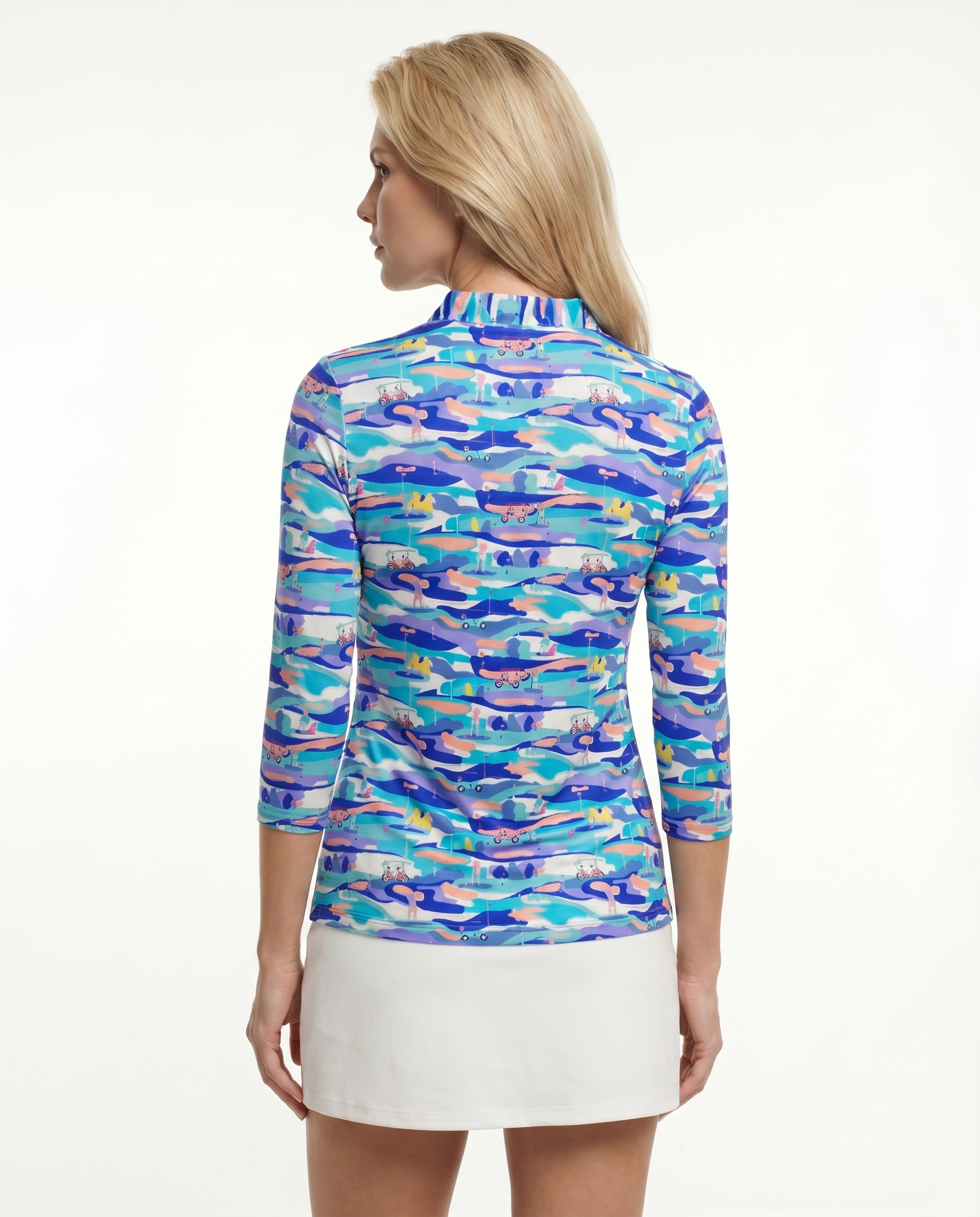 Winning Stroke 3/4 Sleeve Ruffle Portrait Neck Top 76Z49