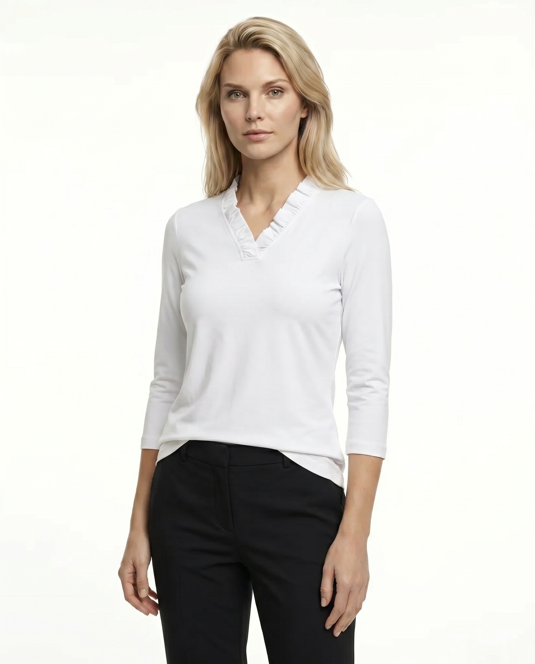 Solid 3/4 Sleeve Ruffle Portrait Neck Top 7600