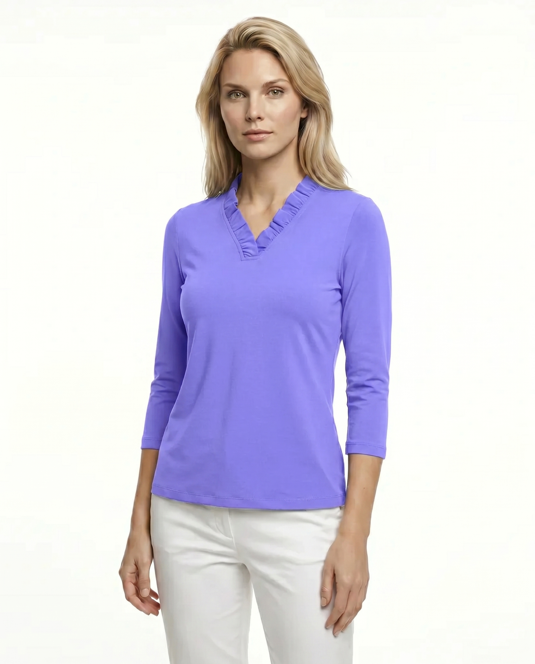 Solid 3/4 Sleeve Ruffle Portrait Neck Top 7600