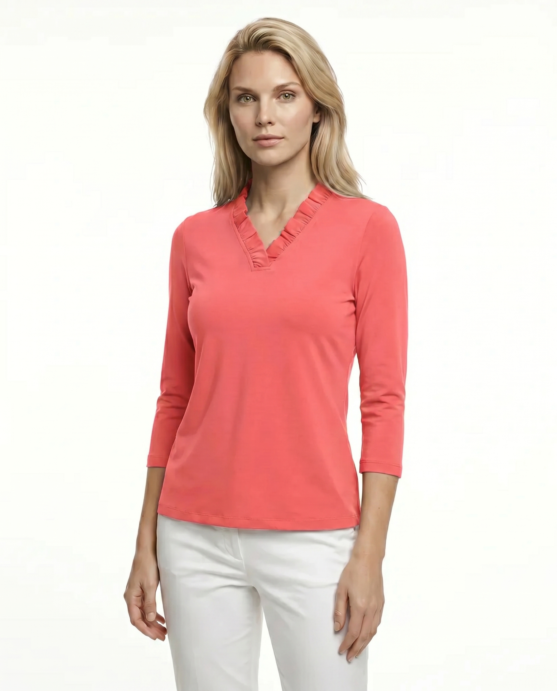 Solid 3/4 Sleeve Ruffle Portrait Neck Top 7600