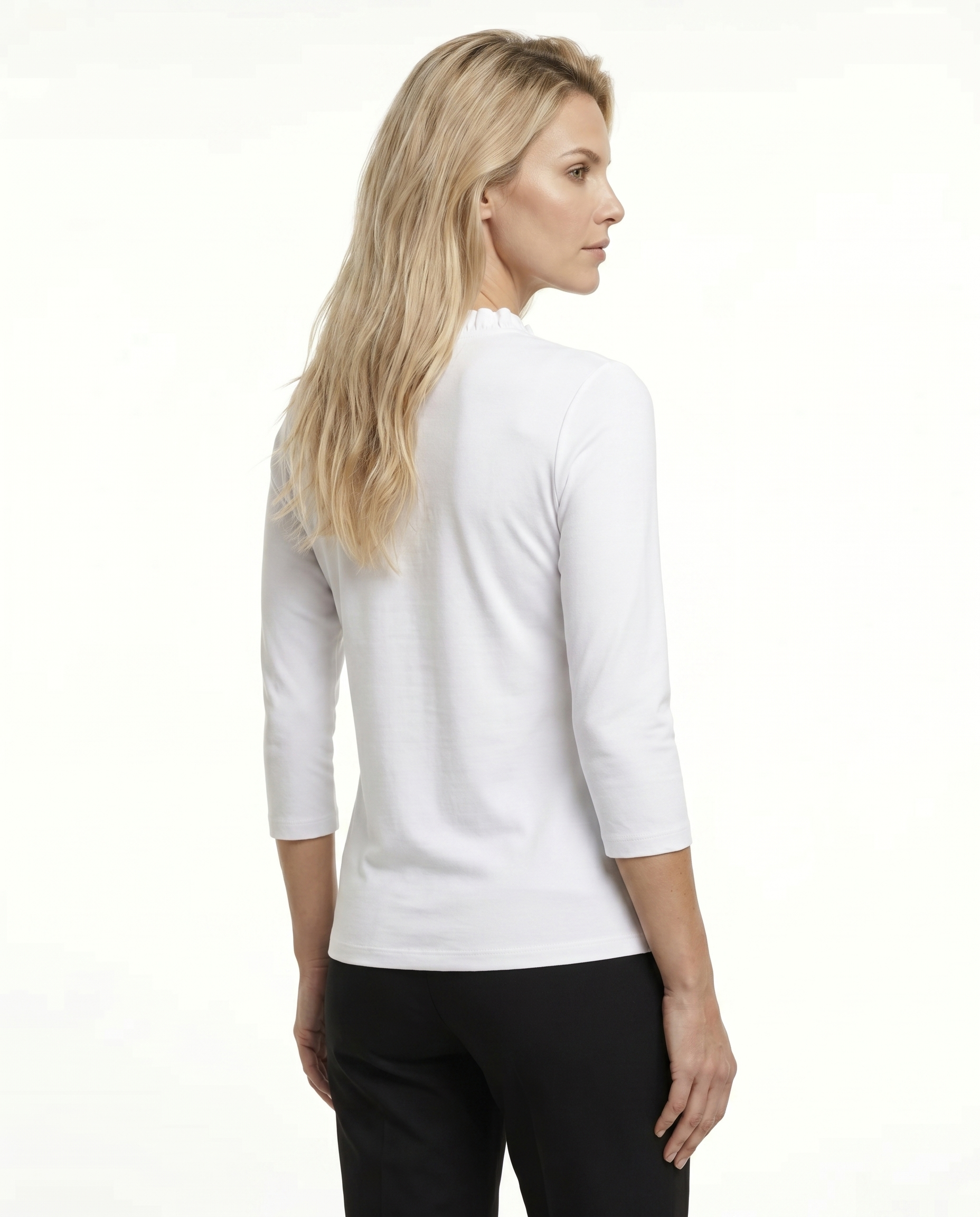 Solid 3/4 Sleeve Ruffle Portrait Neck Top 7600