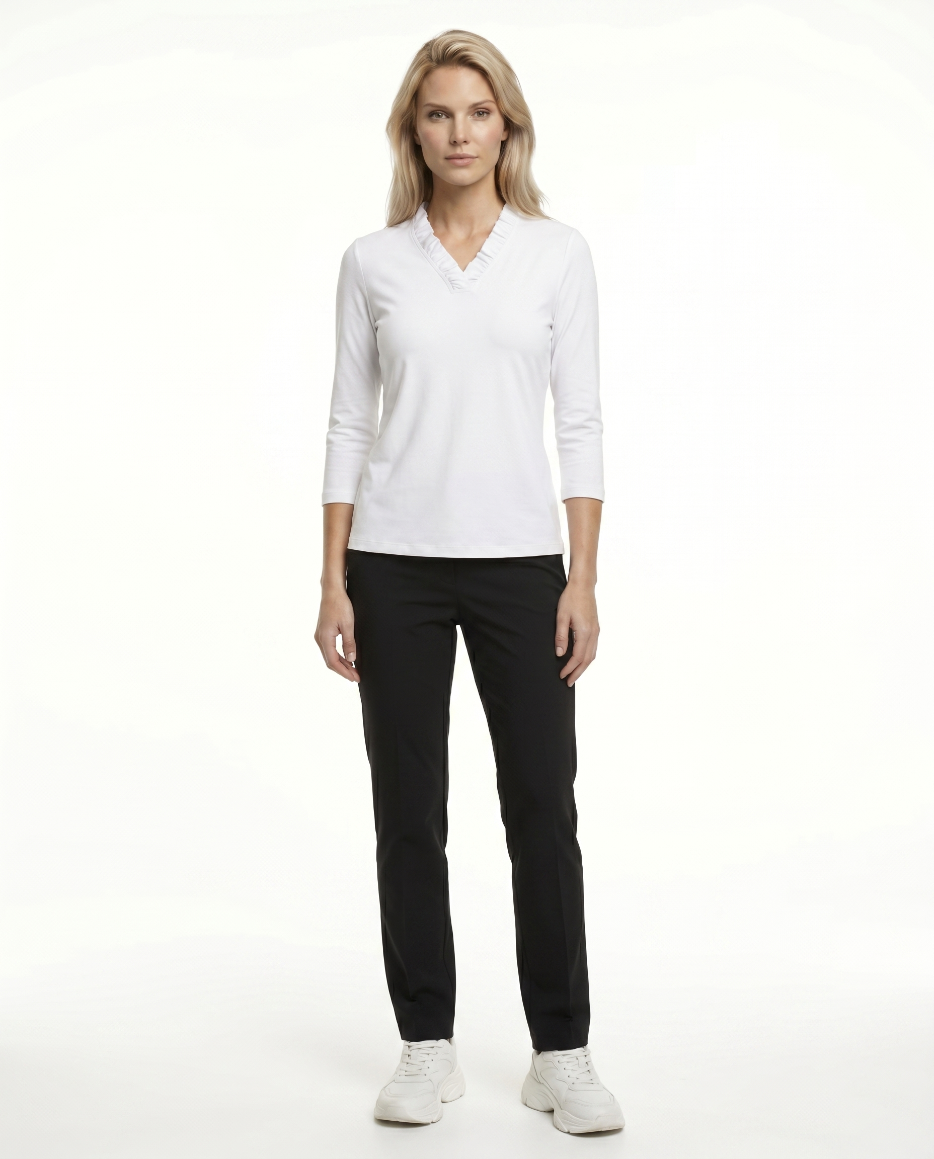 Solid 3/4 Sleeve Ruffle Portrait Neck Top 7600