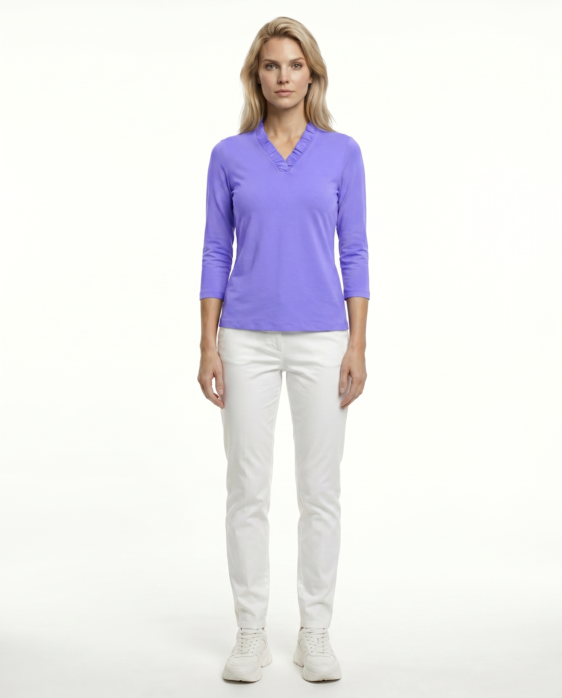 Solid 3/4 Sleeve Ruffle Portrait Neck Top 7600
