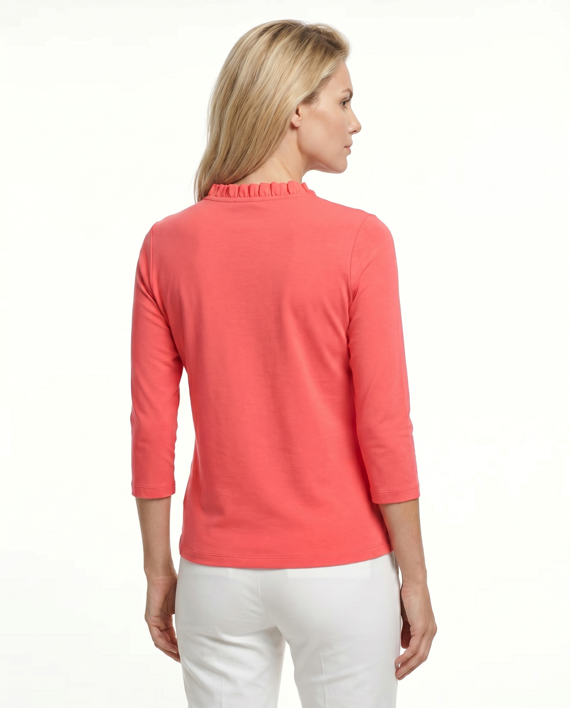 Solid 3/4 Sleeve Ruffle Portrait Neck Top 7600