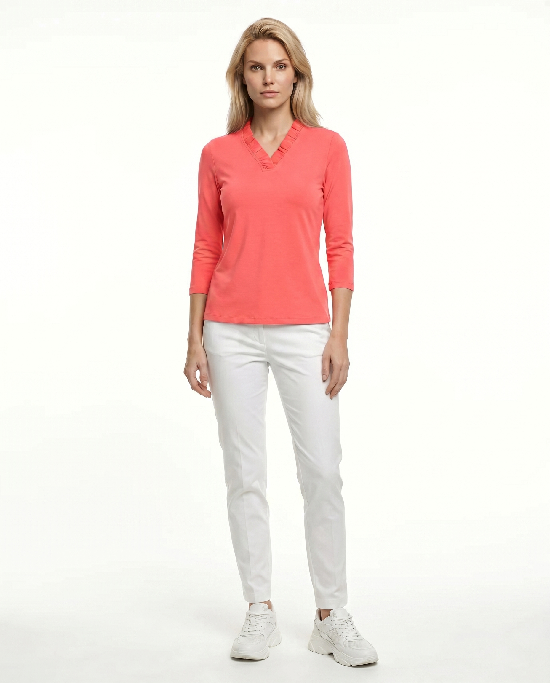 Solid 3/4 Sleeve Ruffle Portrait Neck Top 7600