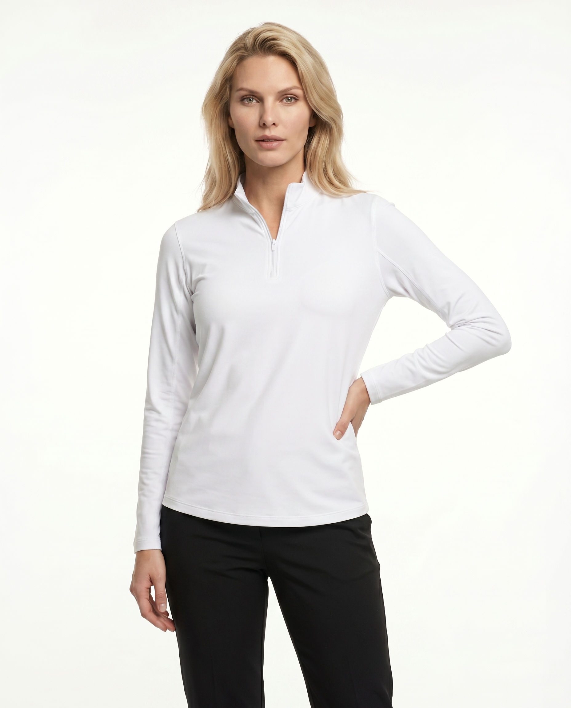 Solid Long Sleeve Zip Mock Top 8600