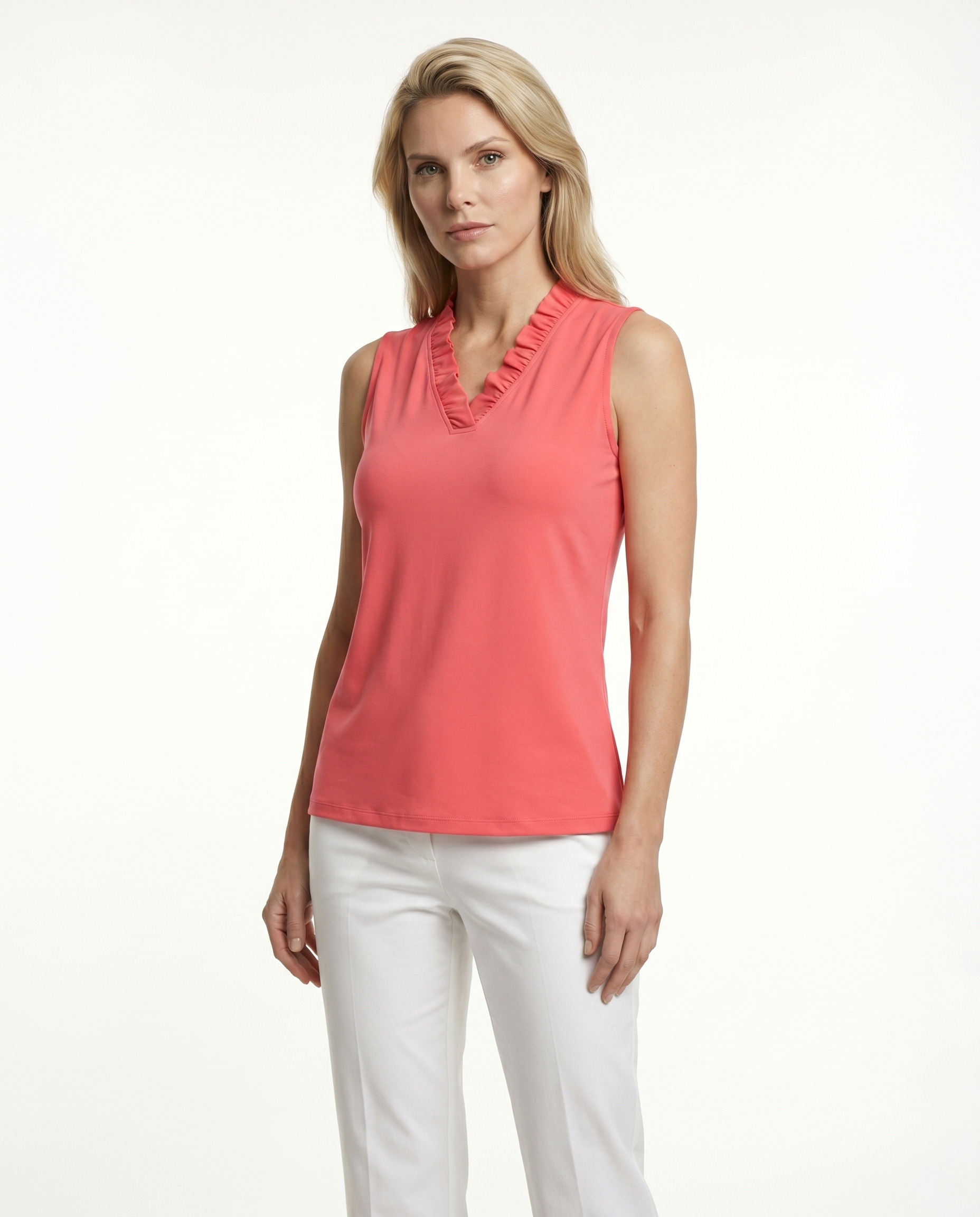 Solid Sleeveless Ruffle Portrait Neck Top 8000