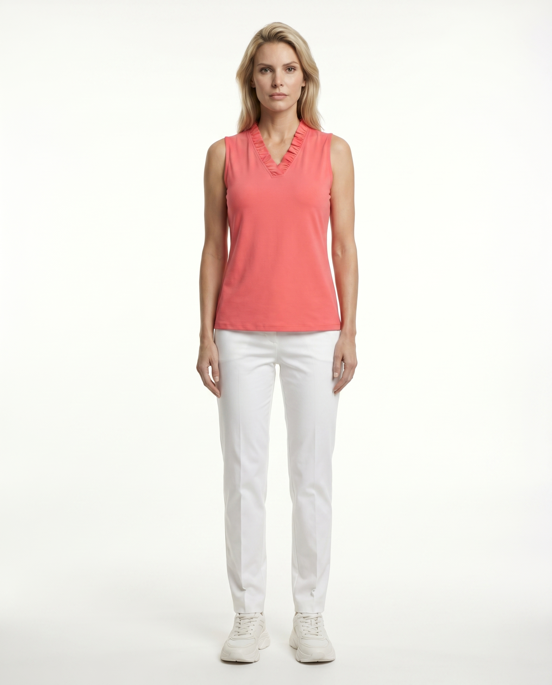 Solid Sleeveless Ruffle Portrait Neck Top 8000