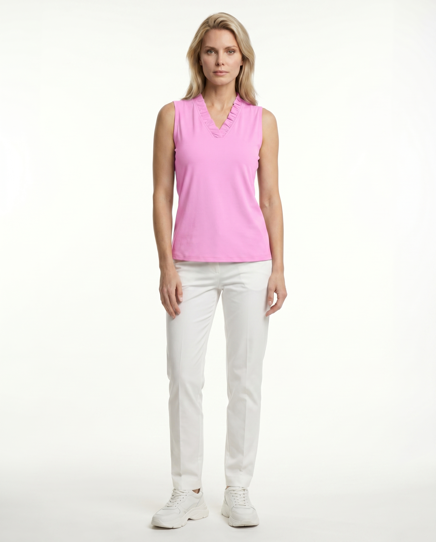 Solid Sleeveless Ruffle Portrait Neck Top 8000