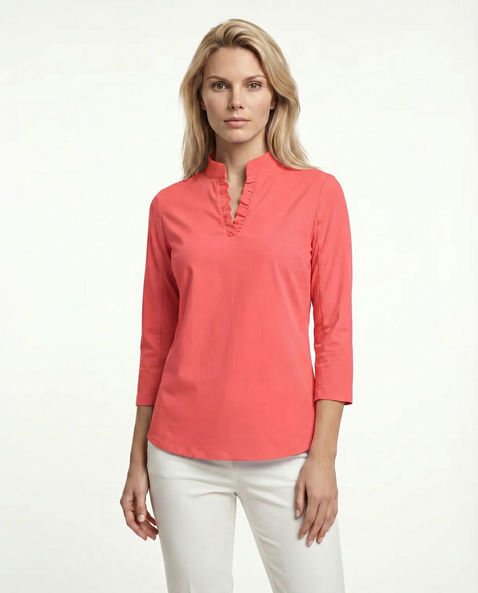 Solid 3/4 Sleeve Ruffle Placket Mock Top 9900