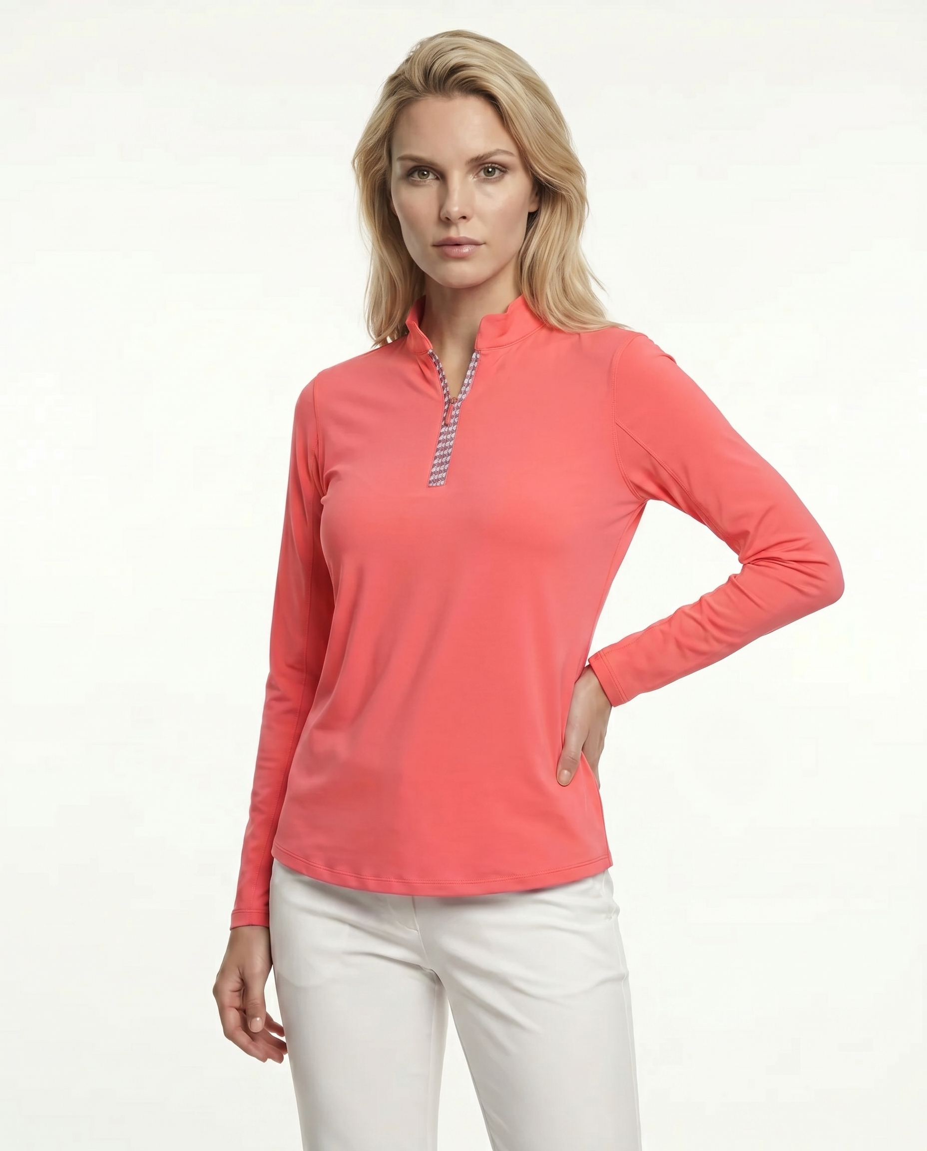 Solid Long Sleeve Zip Mock Top 8600v1