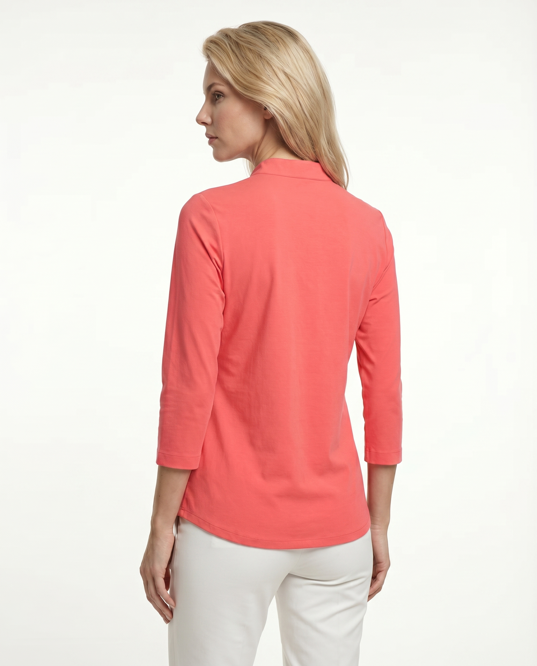 Solid 3/4 Sleeve Ruffle Placket Mock Top 9900