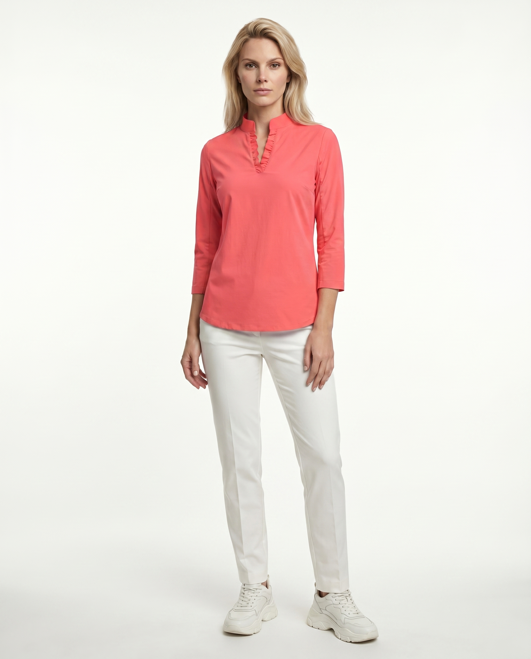 Solid 3/4 Sleeve Ruffle Placket Mock Top 9900