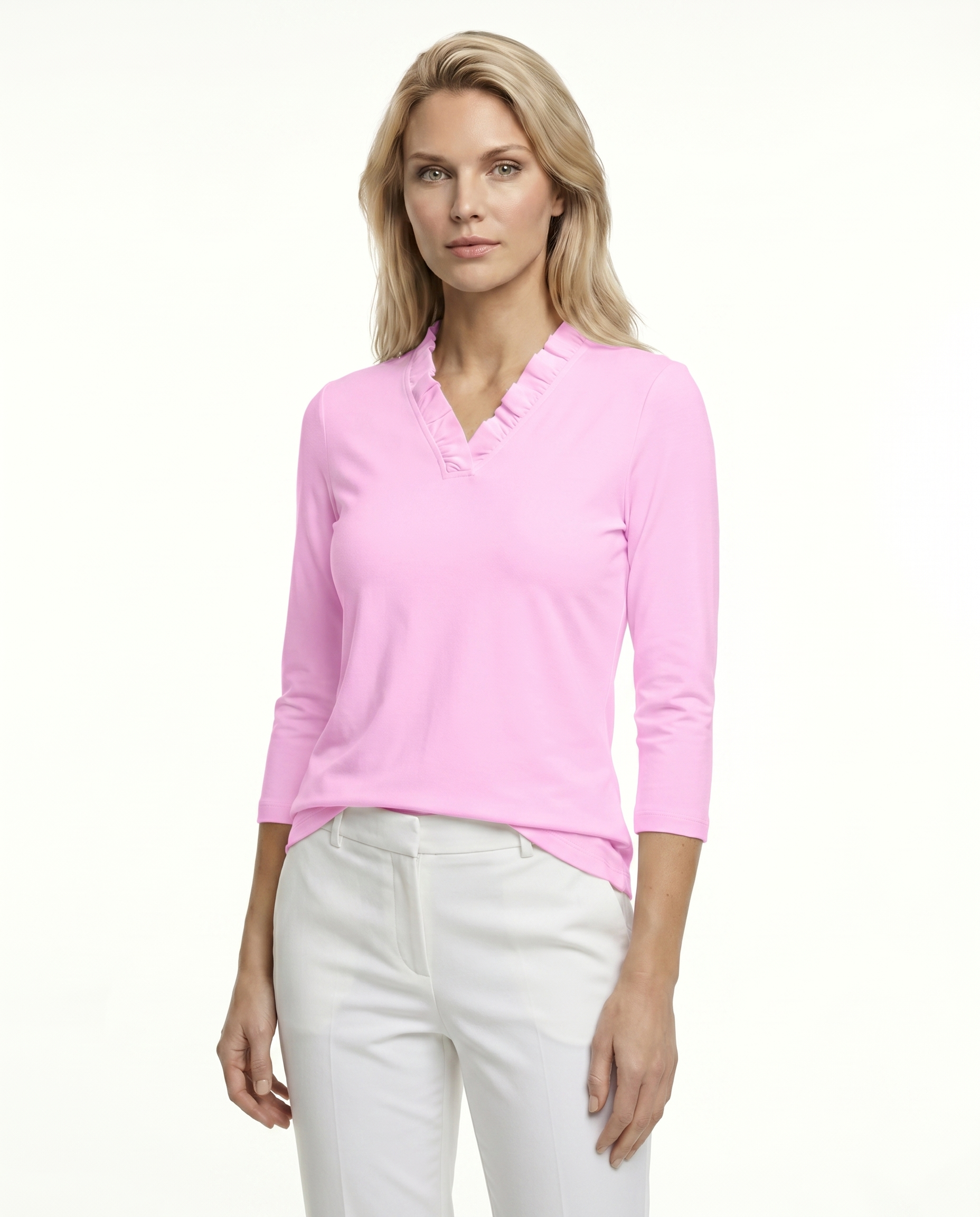 Solid 3/4 Sleeve Ruffle Portrait Neck Top 7600