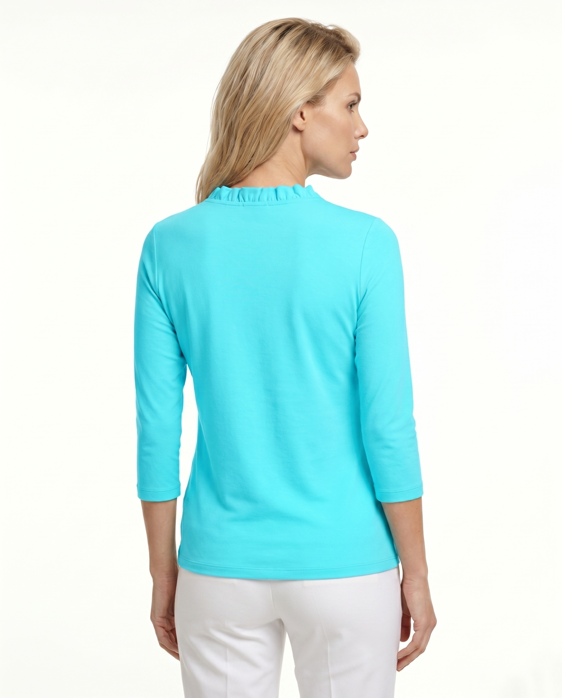 Solid 3/4 Sleeve Ruffle Portrait Neck Top 7600